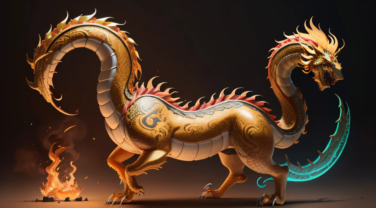 There is a golden dragon，There is a fish on the back, chinese dragon engrave, Chinese Dragon, smooth chinese dragon, Golden dragon, fire lion, a majestic gothic indian dragon, chinese dragon concept art, colored illustration for tattoo, ancient chinese ornate, mythological creatures, digital painting of quetzalcoatl, majestic japanese dragon, Dragon, asian dragon as latte art
