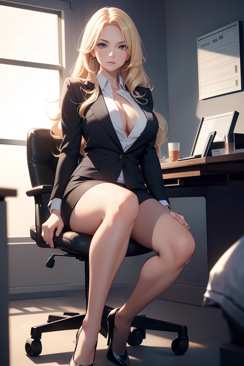 (masterpiece, best quality, 4k, photorealistic, cinematic, ultra-detailed), wide shot, perfect anatomy, curvaceous body, perfect eyes, perfect hands, large chest, long round legs, 1 girl, blonde hair, sitting in an office chair, navy fitted blazer, black knee-length pencil skirt, light pink blouse or silk top, nude pointed-toe pumps, professional sleek straight hair or soft waves