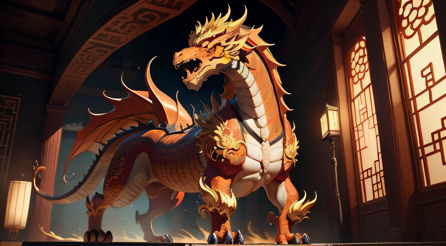 There is a golden dragon，There is a fish on the back, chinese dragon engrave, Chinese Dragon, smooth chinese dragon, Golden dragon, fire lion, a majestic gothic indian dragon, chinese dragon concept art, colored illustration for tattoo, ancient chinese ornate, mythological creatures, digital painting of quetzalcoatl, majestic japanese dragon, Dragon, asian dragon as latte art