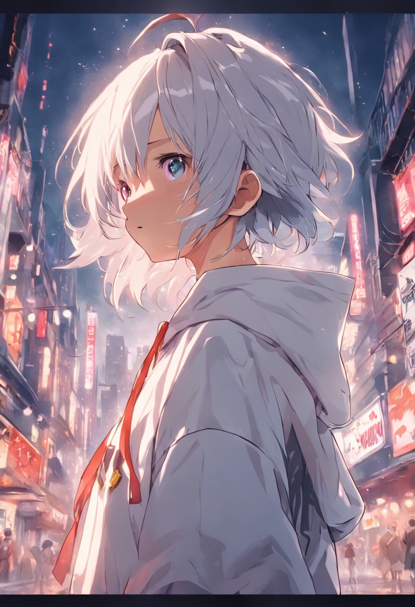 Gray-haired Japanese anime youth, VR glasses,, White hoodie, White shorts, No tattoos, No beard