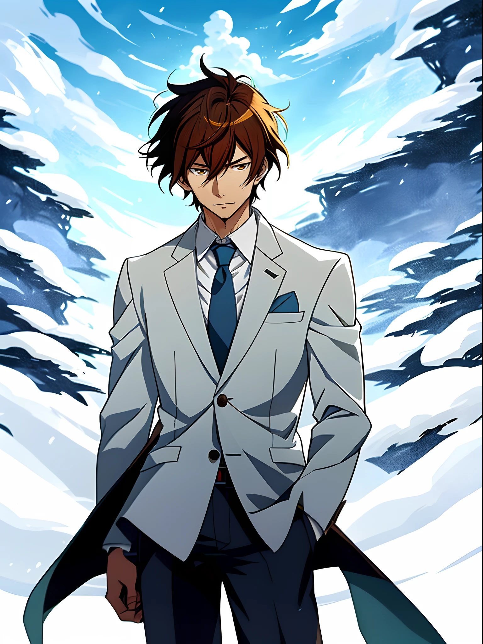 Anime image of a brown-haired man in a white suit and blue tie standing in the snow, Shinkai sincerely, New Xiangcheng, Honest, ryuta ueda artwork, offcial art, Anime handsome man, inspired by Hisui Sugiura, koyoharu gotouge, inspired by Okumura Togyu, hijikata toushirou, makoto kano