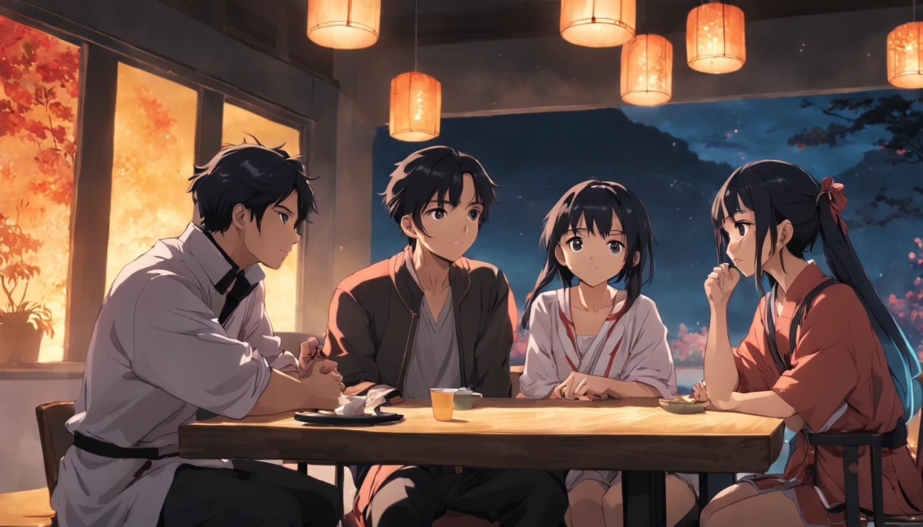 a group of asian young friends, 5 people, 3 men and 2 women, sitting around the table having a happy chat about their future.