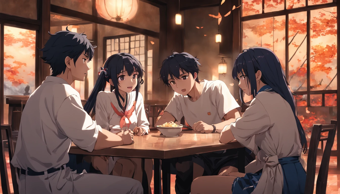 a group of asian young friends, 5 people, 3 men and 2 women, sitting around the table having a happy chat about their future.