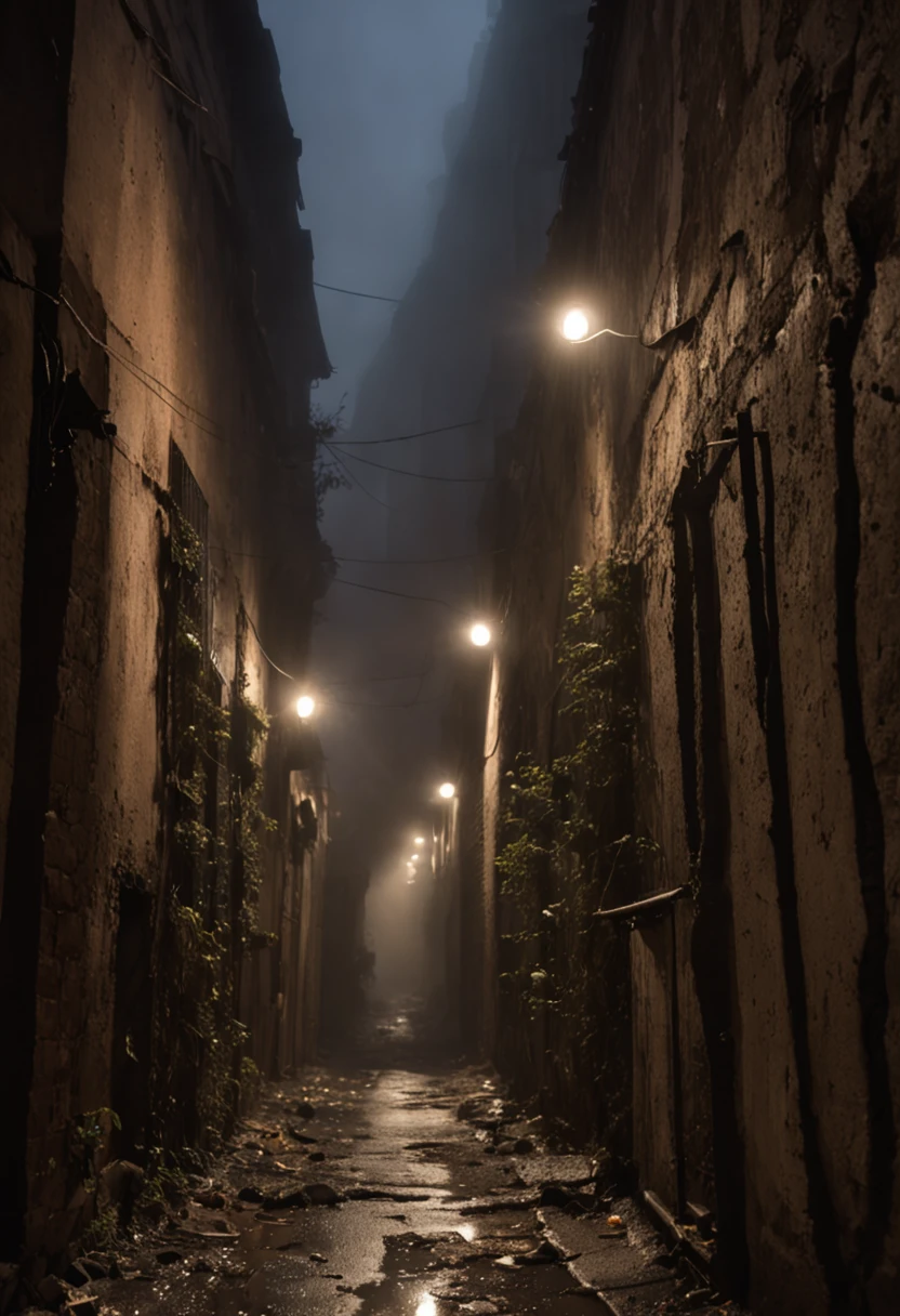 (Armageddon),Dilapidated city,Plants climbing all over the walls ,Night,raining heavily,Black rain,Fog,Fog,Dilapidated streets,Dimly lit alley,(gloomy lighting),relic,(Dilapidated buildings),(Uninhabited city), a busty nude 50YO wife walking at center of the street