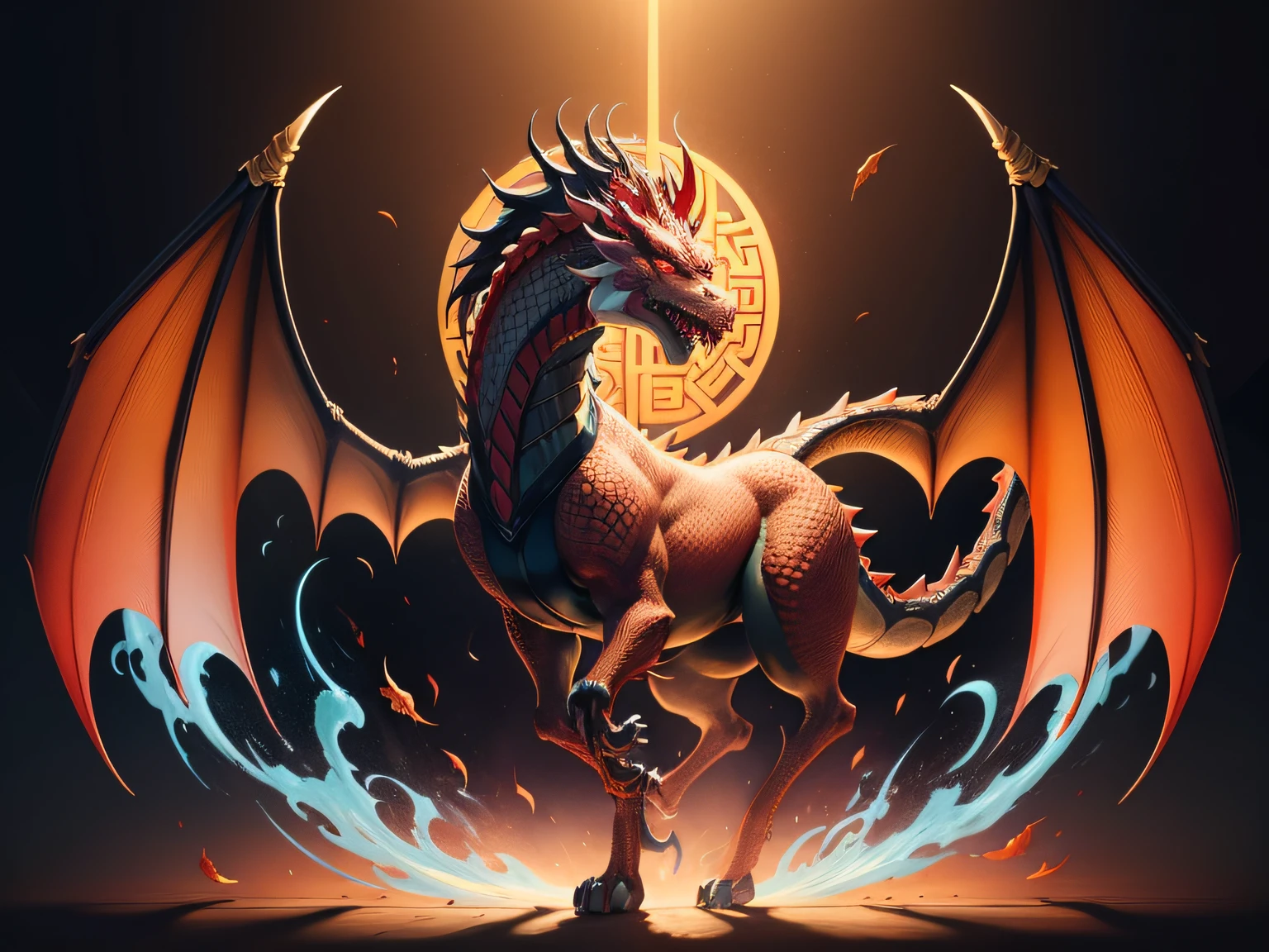 Chinese mythological story background，Inspired by the mythical creature Pixiu，Art form: Head of a Chinese dragon，Stout limbs，Dragon tail，wings
