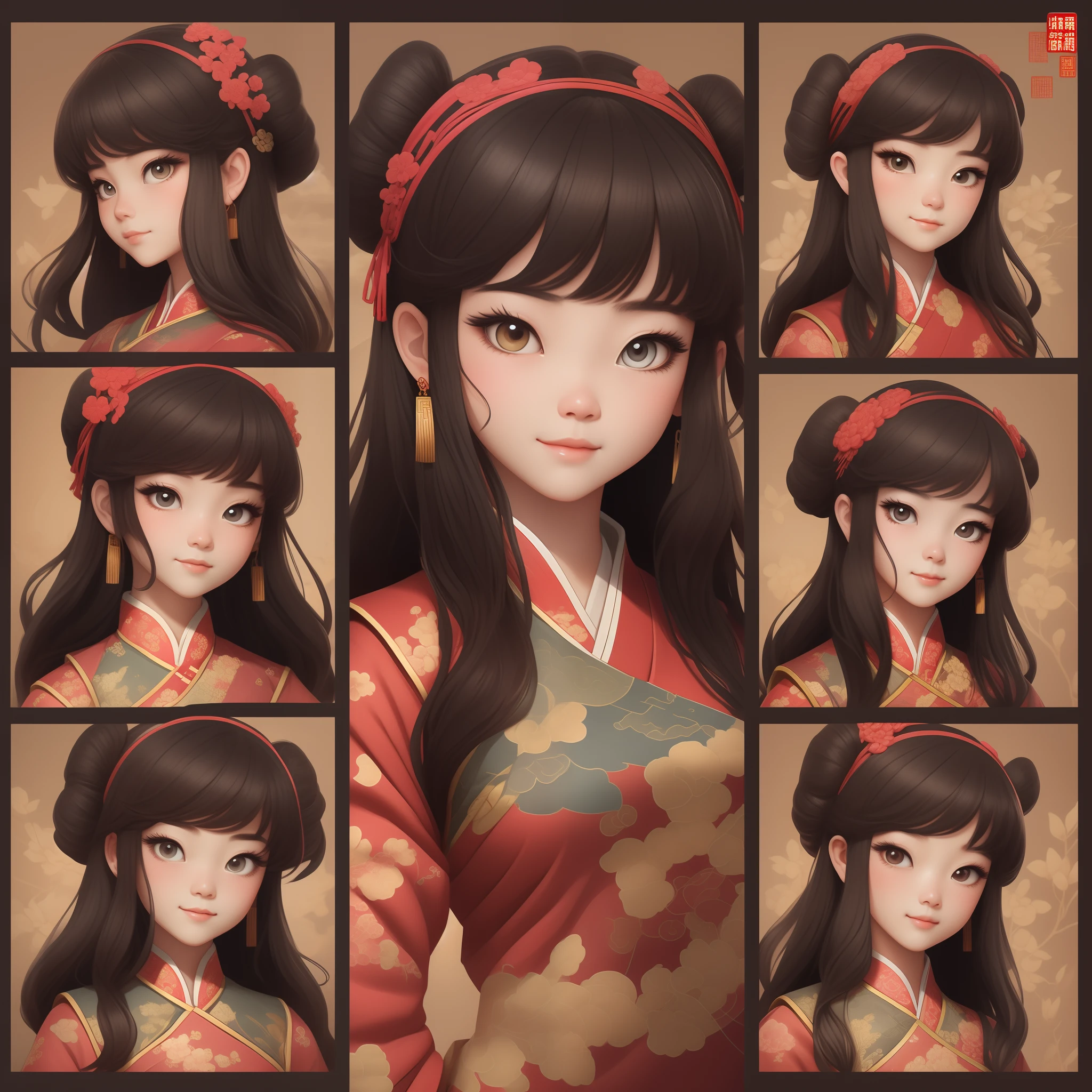 Cute cartoon girl in Chinese Qing dynasty costume, 9 grids,9 poses and expressions, Black strokes,Different emotions,8K,Disney's