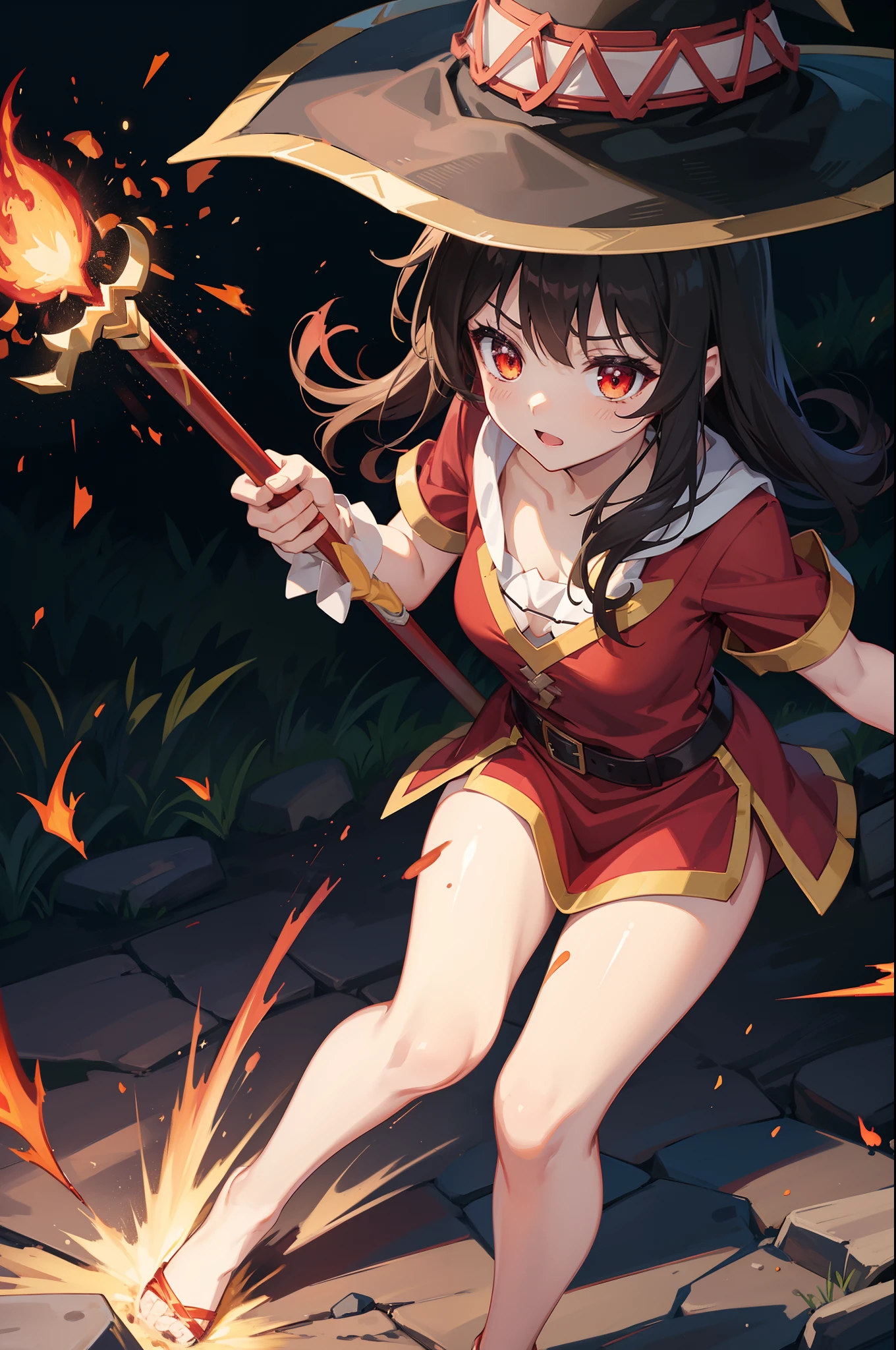 megumin, witch hat, fire burst element, burning effect, masterpiece, petite, perfect body shape, light makeup, field background with slime, holding wooden staff with ruby, bandage
