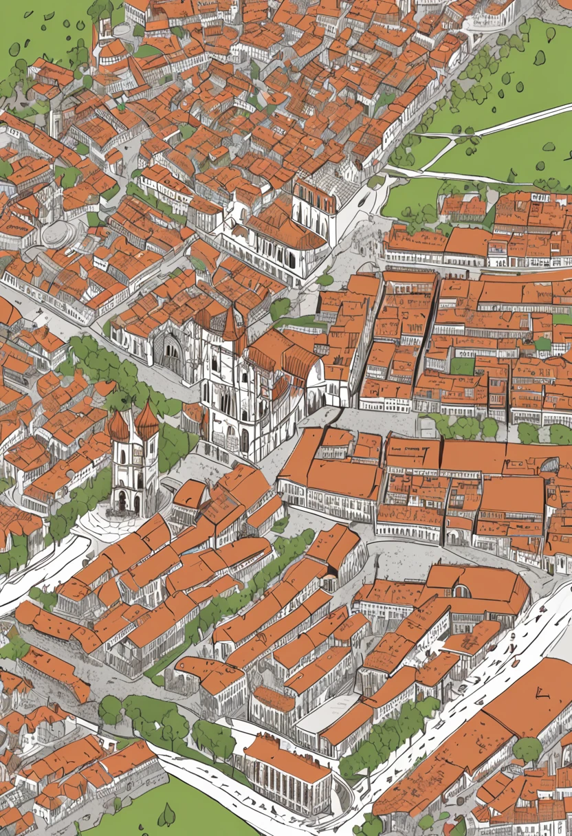 a map that contains Historic Center: Many medieval cities had a historic center, which was often surrounded by walls or fortifications for protection. This historic center would include important buildings, como castelos, igrejas, Squares, Markets and residences of nobles. Distrito Comercial: Usually located near the historic center, The business district was the economic heart of the city. Aqui, you would find markets, feiras e lojas que vendiam uma variedade de produtos, from food to handicrafts and other goods. Distrito Residencial: Medieval cities had areas where people lived. Nobles and the rich often lived near the historic center, while ordinary citizens lived further away. Residential neighborhoods could be divided based on social classes or even professions, creating areas where specific groups of people lived. Distrito Religioso: As igrejas, Monasteries and other religious buildings were often grouped into a religious district. Isso poderia incluir uma catedral proeminente, capelas e outros locais de culto. Distrito Industrial: Depending on the size of the city and local economic activities, there could be an area dedicated to industrial activities, como artesanato, production of manufactured goods and processing of raw materials. Agricultural District: Some medieval cities had areas in the vicinity where agriculture and animal husbandry took place. These areas could provide food and resources for the city. Distrito Militar: Em cidades fortificadas, There was often a district that housed barracks, military supply warehouses and other defense-related buildings. Water District: If the city was located near a river, lago ou mar, There could be a district focused on water-related activities, como portos, Docks and shipbuilding.