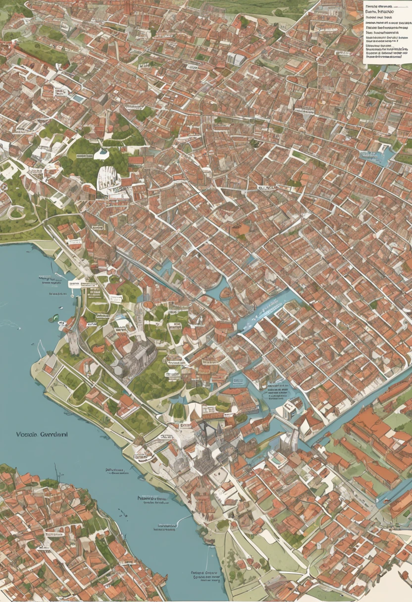 a map that contains Historic Center: Many medieval cities had a historic center, which was often surrounded by walls or fortifications for protection. This historic center would include important buildings, como castelos, igrejas, Squares, Markets and residences of nobles. Distrito Comercial: Usually located near the historic center, The business district was the economic heart of the city. Aqui, you would find markets, feiras e lojas que vendiam uma variedade de produtos, from food to handicrafts and other goods. Distrito Residencial: Medieval cities had areas where people lived. Nobles and the rich often lived near the historic center, while ordinary citizens lived further away. Residential neighborhoods could be divided based on social classes or even professions, creating areas where specific groups of people lived. Distrito Religioso: As igrejas, Monasteries and other religious buildings were often grouped into a religious district. Isso poderia incluir uma catedral proeminente, capelas e outros locais de culto. Distrito Industrial: Depending on the size of the city and local economic activities, there could be an area dedicated to industrial activities, como artesanato, production of manufactured goods and processing of raw materials. Agricultural District: Some medieval cities had areas in the vicinity where agriculture and animal husbandry took place. These areas could provide food and resources for the city. Distrito Militar: Em cidades fortificadas, There was often a district that housed barracks, military supply warehouses and other defense-related buildings. Water District: If the city was located near a river, lago ou mar, There could be a district focused on water-related activities, como portos, Docks and shipbuilding.