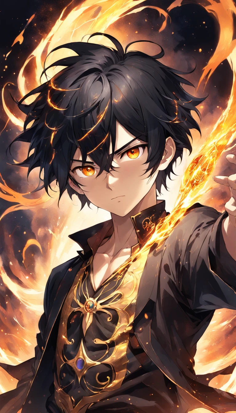 a painting that represents the essence of magic in your world, showing the black hair, shining golden eyes protagonist with a mystical black mark on his neck immersed in a cascade of magical fire energy, with glowing particles dancing around him and arcane symbols forming in the air