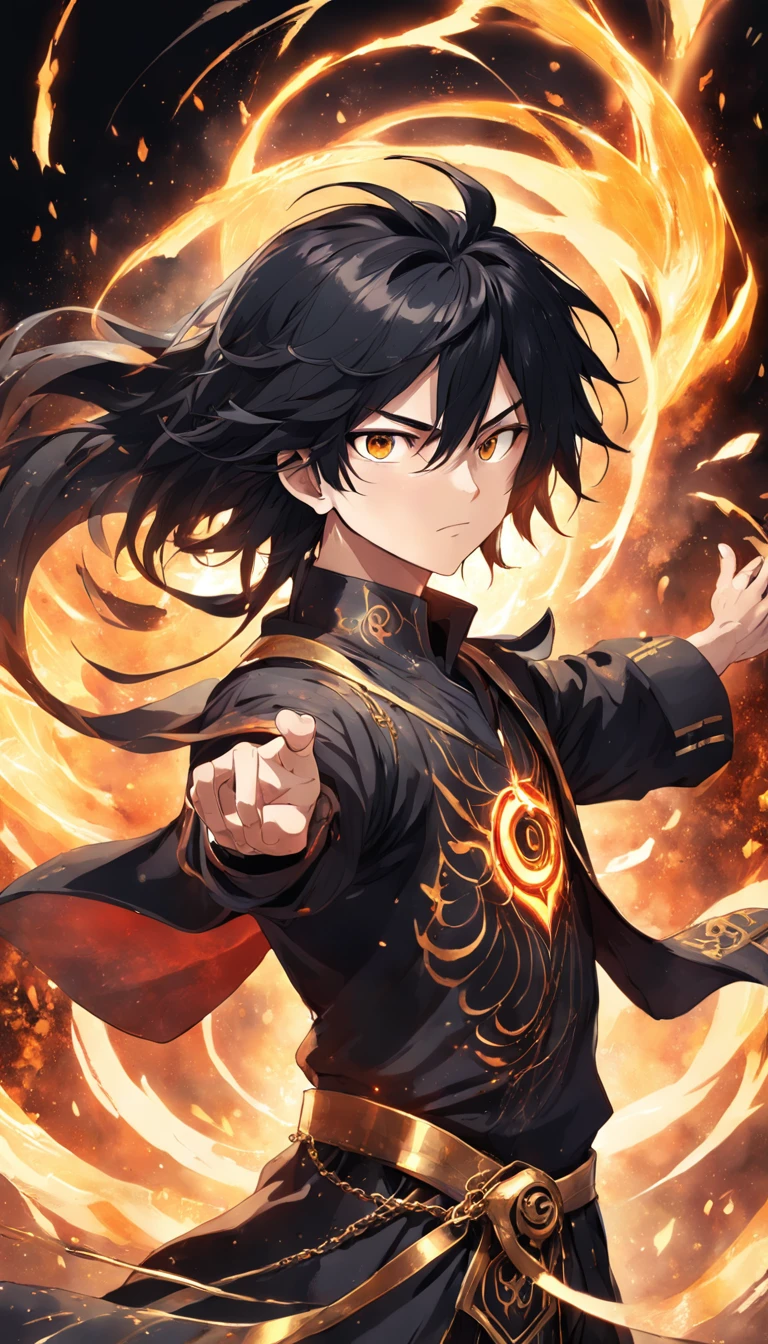 a painting that represents the essence of magic in your world, showing the black hair, shining golden eyes protagonist with a mystical black mark on his neck immersed in a cascade of magical fire energy, with glowing particles dancing around him and arcane symbols forming in the air