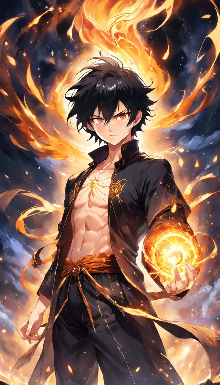 1boy, black hair, gray eyes, no shirt, strong body, meditating, cross-legged, serious expression, Flames flowing through your body, perfect face, face detalied, wide angle