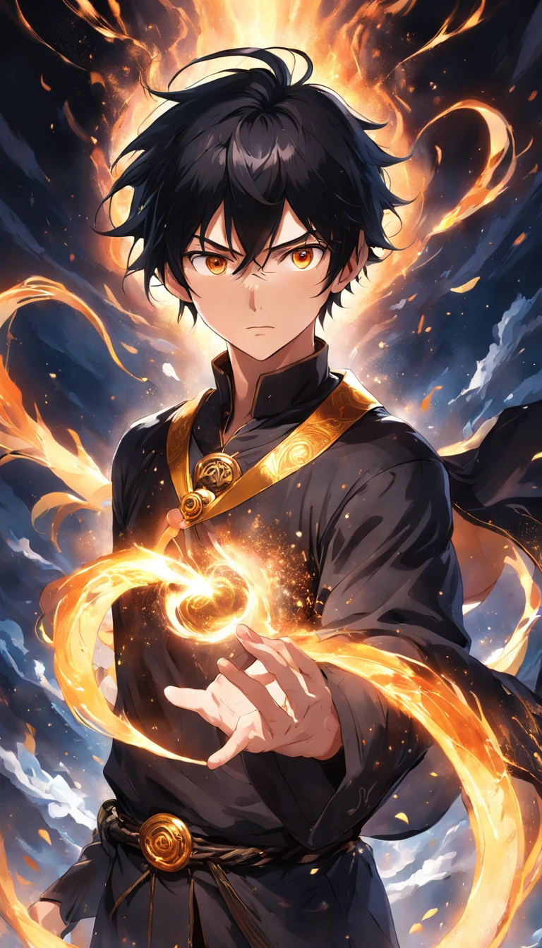 a painting that represents the essence of magic in your world, showing the black hair, shining golden eyes protagonist with a mystical black mark on his neck immersed in a cascade of magical fire energy, with glowing particles dancing around him and arcane symbols forming in the air