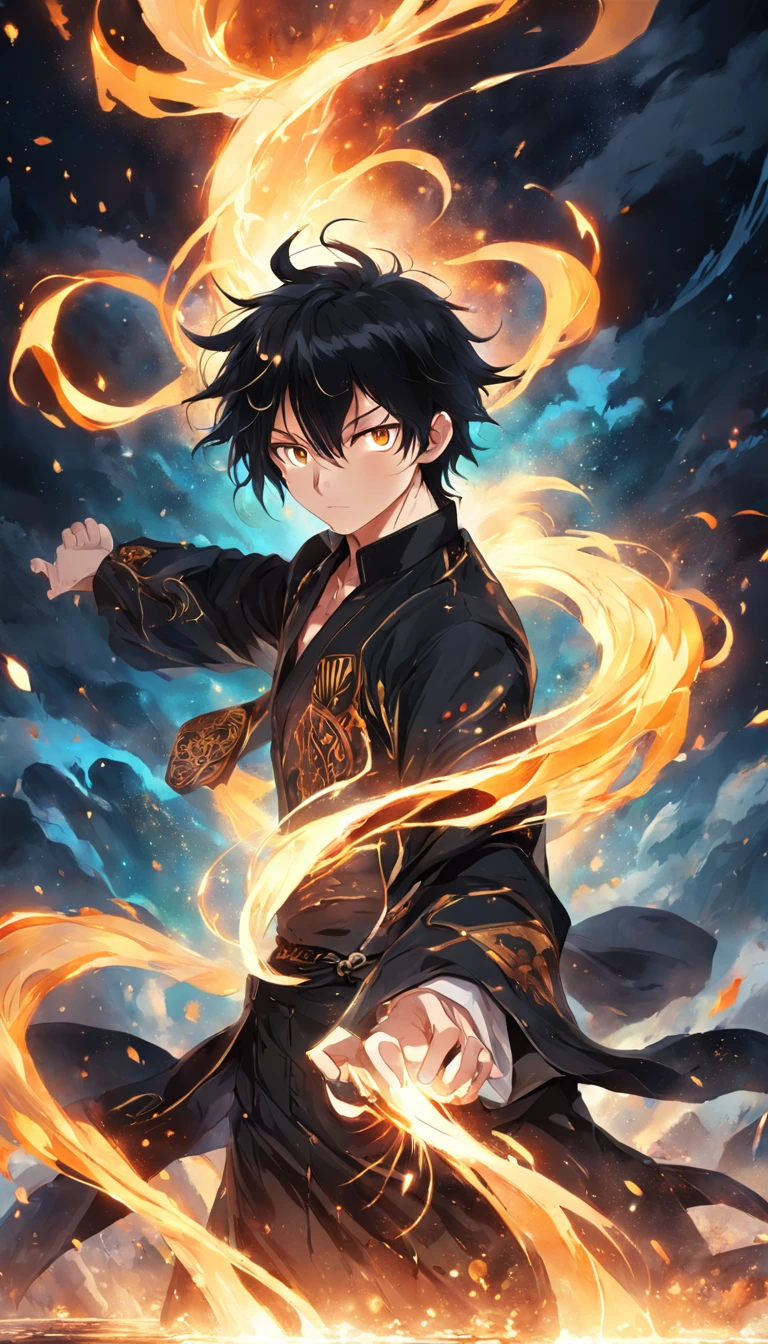 a painting that represents the essence of magic in your world, showing the black hair, shining golden eyes protagonist with a mystical black mark on his neck immersed in a cascade of magical fire energy, with glowing particles dancing around him and arcane symbols forming in the air