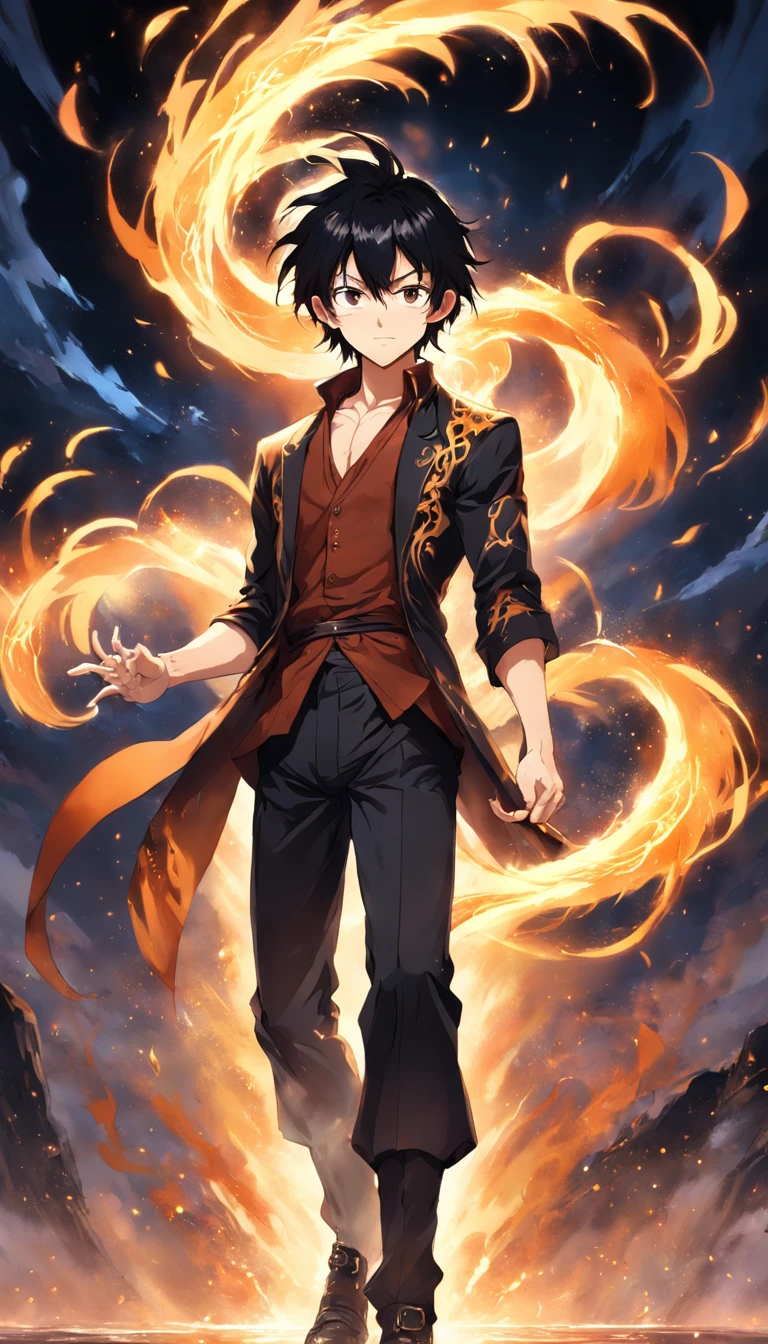 a painting that represents the essence of magic in your world, showing the black hair, shining golden eyes protagonist with a mystical black mark on his neck immersed in a cascade of magical fire energy, with glowing particles dancing around him and arcane symbols forming in the air