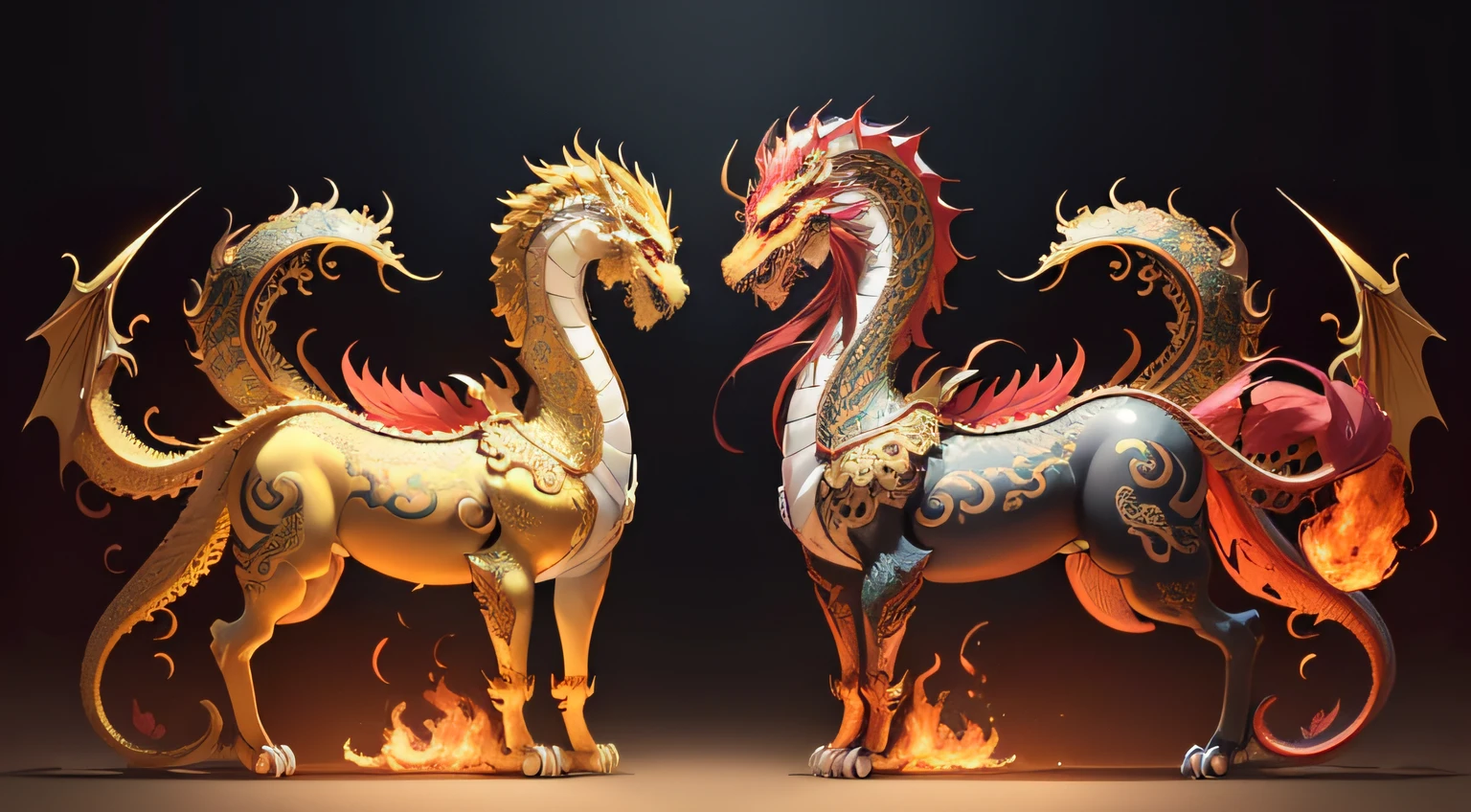 There is a golden dragon，There is a fish on the back, chinese dragon engrave, Chinese Dragon, smooth chinese dragon, Golden dragon, fire lion, a majestic gothic indian dragon, chinese dragon concept art, colored illustration for tattoo, ancient chinese ornate, mythological creatures, digital painting of quetzalcoatl, majestic japanese dragon, Dragon, asian dragon as latte art