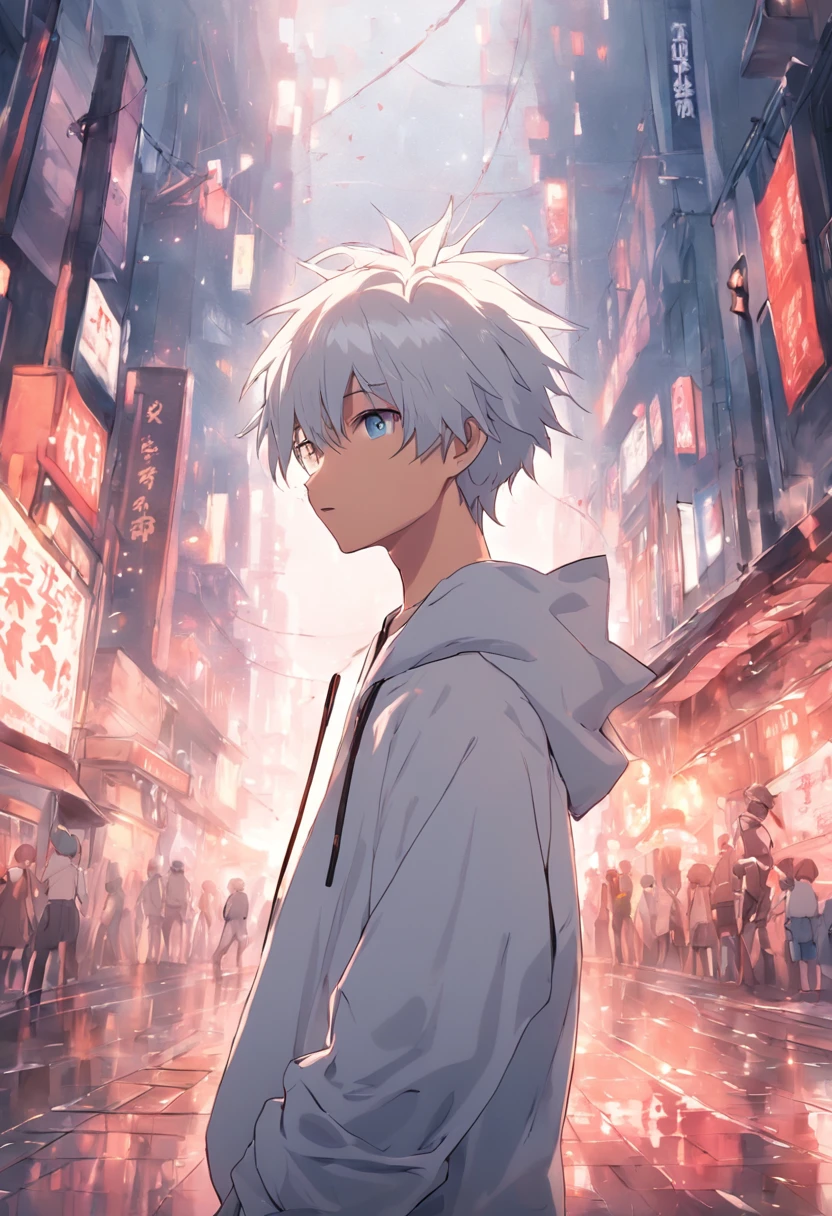 Gray-haired Japanese anime boy youth, VR glasses,, White hoodie, White shorts, No tattoos, No beard