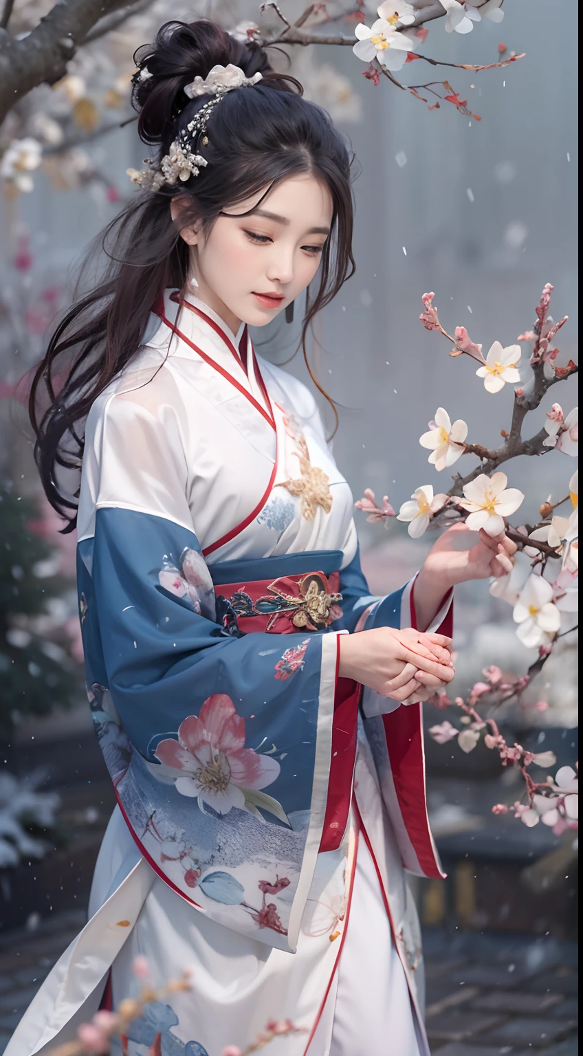 （Blurred foreground：Heavy snowfall：2.0，），（Plum petals fall：1.6），（snow landscape，Chinese Song dynasty beauties dancing），（realisticlying，anatomy correct，Asian star face，ssmile，The hands and face are very delicate and clear），（Stand in the middle of a quaint courtyard，Plum tree，Flowing winter clothes of the Song Dynasty），（bellows：1.5），（wide angles，Ultra HD details，Masterpiece, hyper HD, Super detail, High details, Best quality, A high resolution, Award-Awarded, 8K），（Chinese premium color scheme，电影灯光）