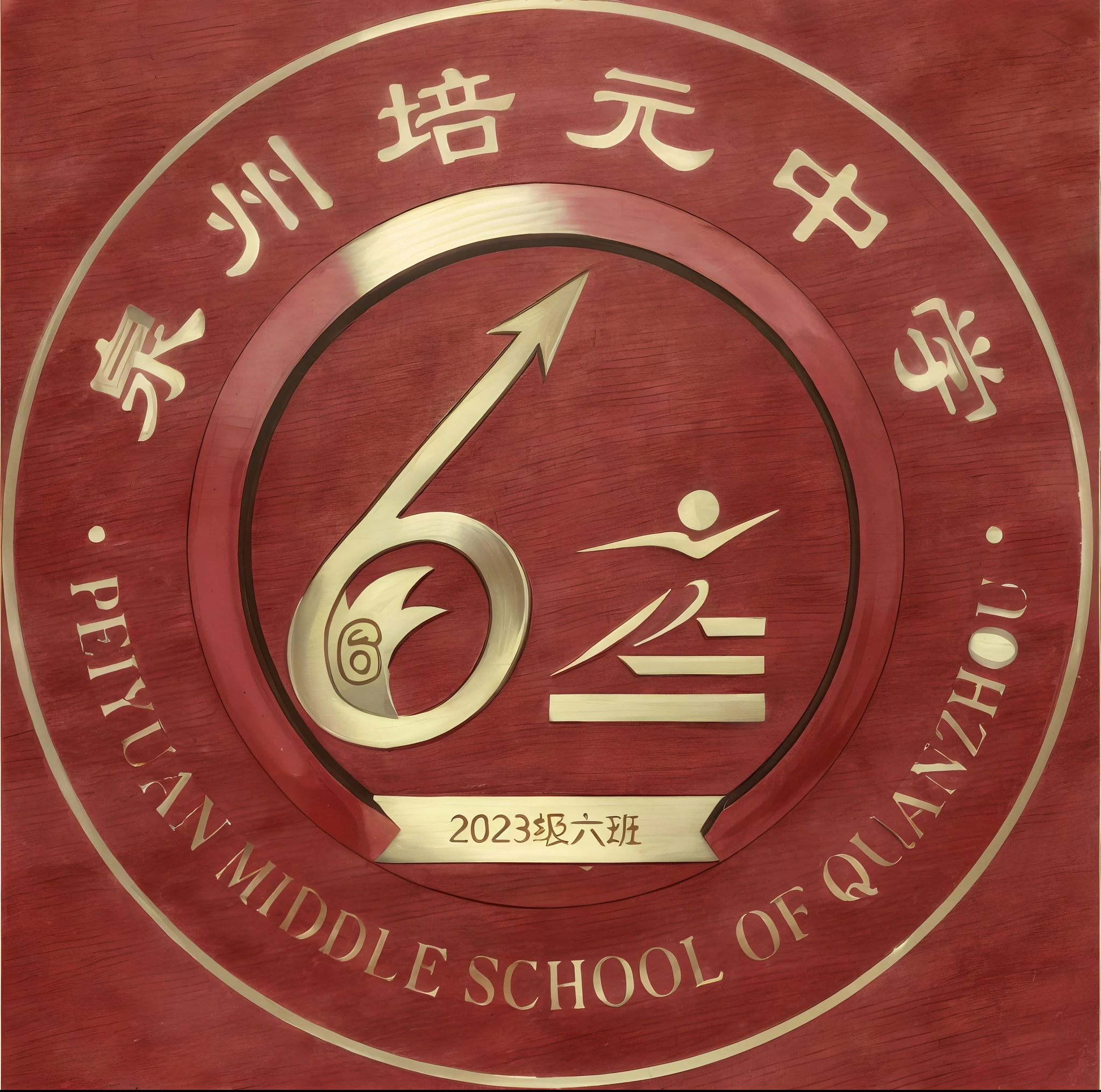 Peiyuan Middle School,Class of 2023 Class of 6,Beautiful badges,Round logo,Three-dimensional gorgeous,Red-edged gold bottom,Full and bright,4k高清,Junior high school class emblem large picture,Kanji English display