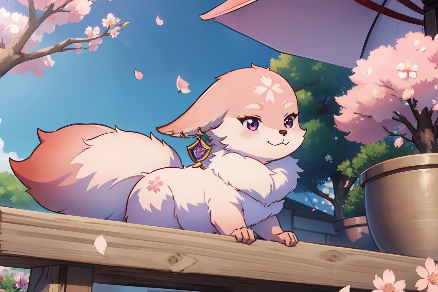 cute little fox under sakura tree, sakura flowers, sakura blossoms