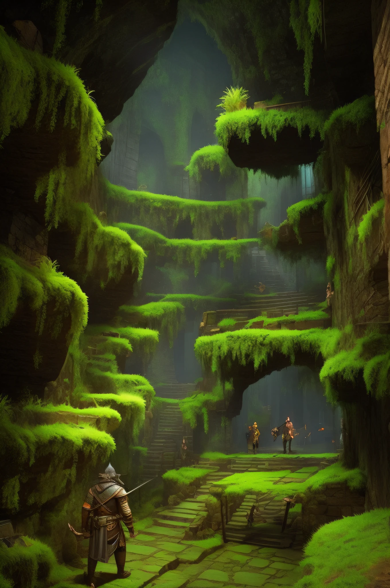 A man in the forest with a sword and a dog, Lush mossy canyon, Mossy ruins, Lush alien landscape, beautiful concept art, environmental concept art, Complex environment, unreal engine fantasy art, Stunning! Concept art, Stunning concept art, Karl Spitzweg. Unreal engine, In the alien jungle, epic fantasy concept art, Beautiful 3D concept art