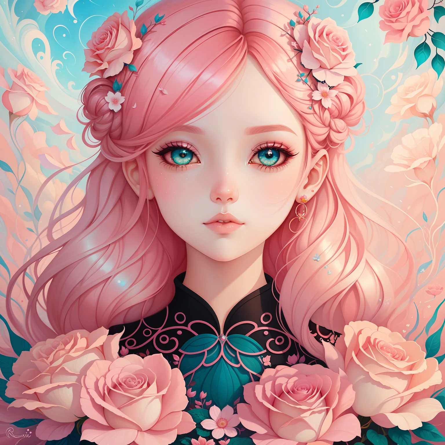 um close up de uma mulher com cabelo rosa e flores, Cabelo rosa, cor-de-rosa, cabelo rosa encaracolado, trending on artstration, rosas no cabelo, estilo de arte loish, arte digital detalhada bonito, No estilo de arte de Bowater, Inspirado em Loish, inspirado em Jeremiah Ketner, Beautiful digital illustration, a beautiful artwork illustration, Inspirado em Amy Sol