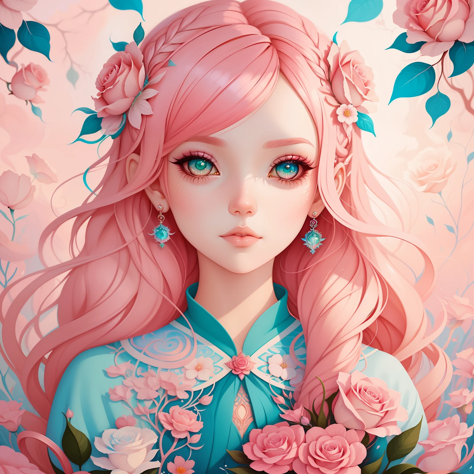 um close up de uma mulher com cabelo rosa e flores, Cabelo rosa, menina cor-de-rosa, cabelo rosa encaracolado, trending on artstration, rosas no cabelo, estilo de arte loish, arte digital detalhada bonito, No estilo de arte de Bowater, Inspirado em Loish, inspirado em Jeremiah Ketner, Beautiful digital illustration, a beautiful artwork illustration, Inspirado em Amy Sol