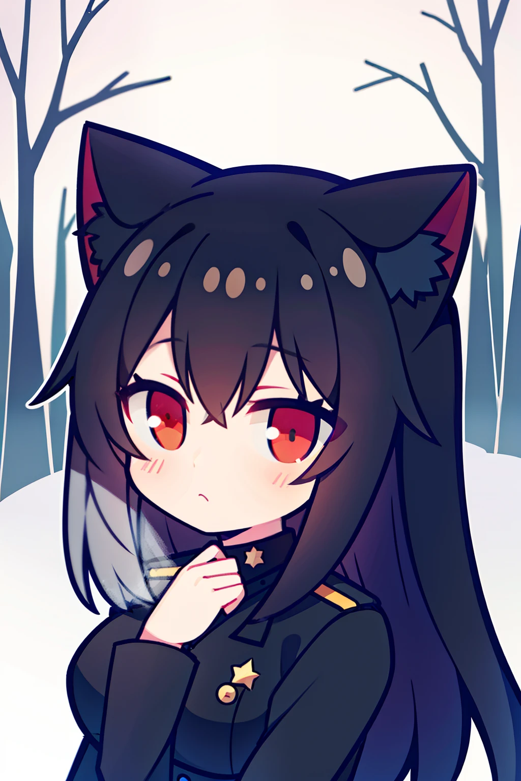 Snowy forest, Black hair, Cat ears, Cat girl, Red eyes, Officer uniform, , Germany, Black officer uniform，