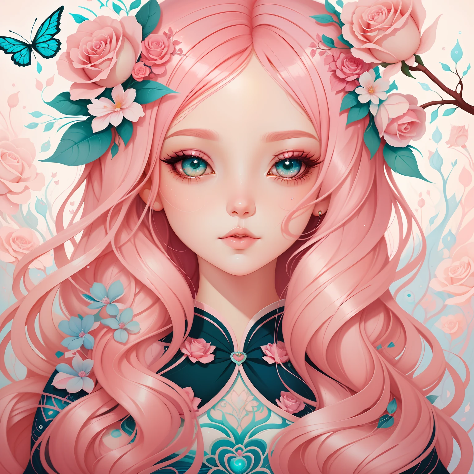 um close up de uma mulher com cabelo rosa e flores, Cabelo rosa, cor-de-rosa, cabelo rosa encaracolado, trending on artstration, rosas no cabelo, estilo de arte loish, arte digital detalhada bonito, No estilo de arte de Bowater, Inspirado em Loish, inspirado em Jeremiah Ketner, Beautiful digital illustration, a beautiful artwork illustration, Inspirado em Amy Sol