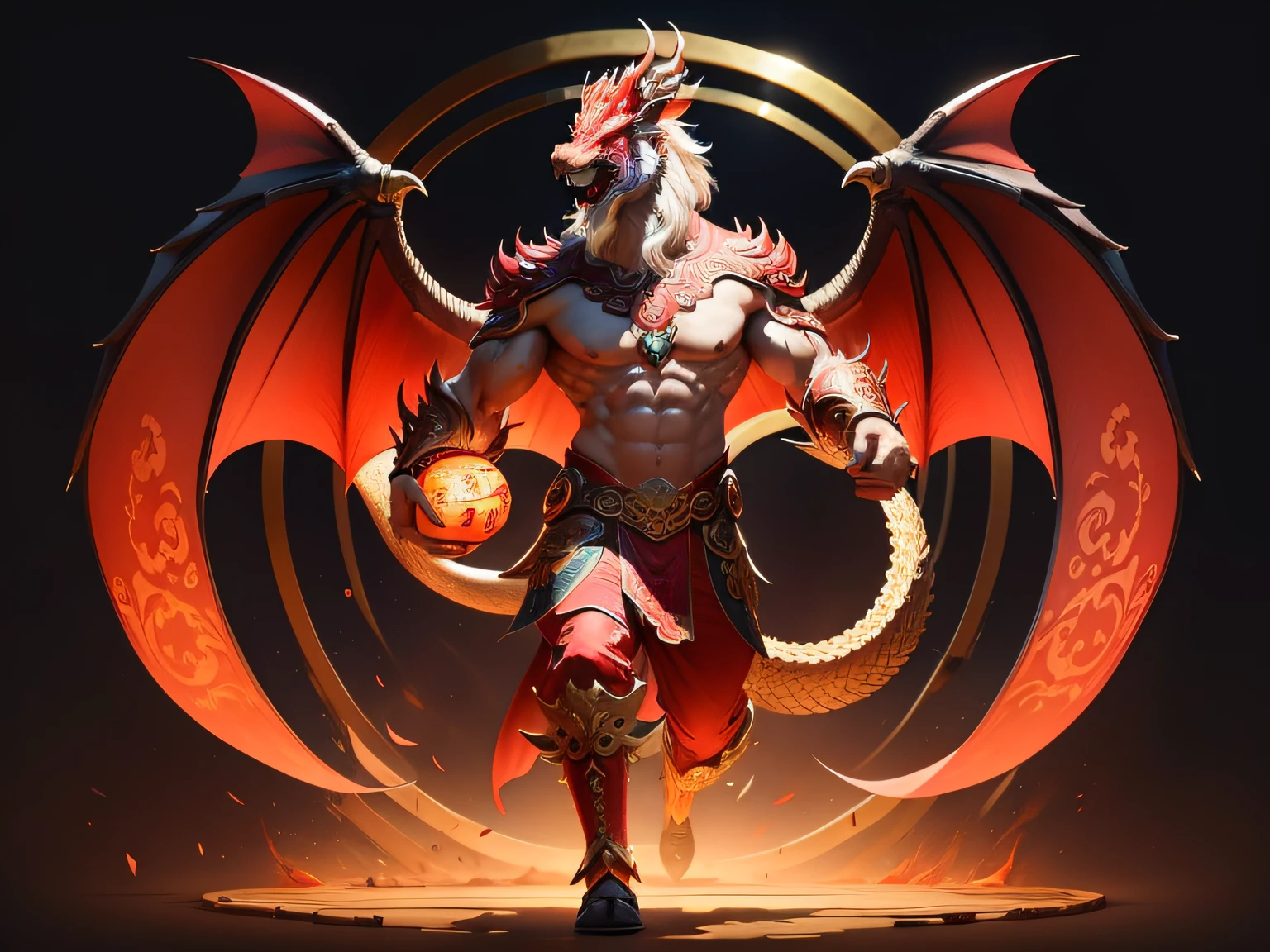 Chinese mythological story background，Inspired by the mythical creature Pixiu，The head of a Chinese dragon in realistic form，Stout limbs，Dragon tail，wings