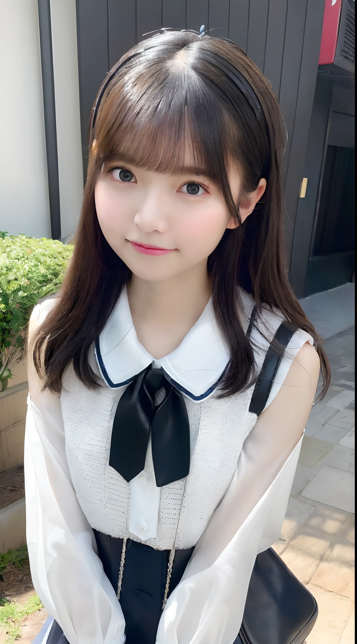 mix4, (8K, Raw photography, Top image quality, ​masterpiece: 1.45), (realisitic, Photorealsitic: 1.37), one girls, cute little, A city scape,, profetional lighting, photon maping, Radio City, physically-based renderingt, Gradient black hair,, a handsome, girl with, (((student clothes、Silk White Blouse、Dark blue knitted vest、White Satin Mini Skirt、No red tie pattern、Black High Socks、Black Loafers Leather Shoes))), Top Quality Photos, hight resolution, 1080p, (clearface), (Detailed face description), (Detailed hand description), (​masterpiece), (Exquisite CG)、extreme light and shadows、dishevled hair、master work、abundant detail、(Fine facial features)、(top quality photo)、(masuter piece)、(A detailed eye)、Look in front of you、Fine clavicle、((Slender big))、((White beret)))、((Cute idol system))、((School Grounds))、(Shooting from random perspectives)、(((Anyway cute)))、耳Nipple Ring、A big smile、Drawing the whole body from the knees、Do not draw nasolabial folds、(((Holding a leather student bag in your hand)))、Big breasts that stand out from the top of clothes、Two legs、(((Standing Pose)))、bare hand、Hands out of the sleeves of blouses、