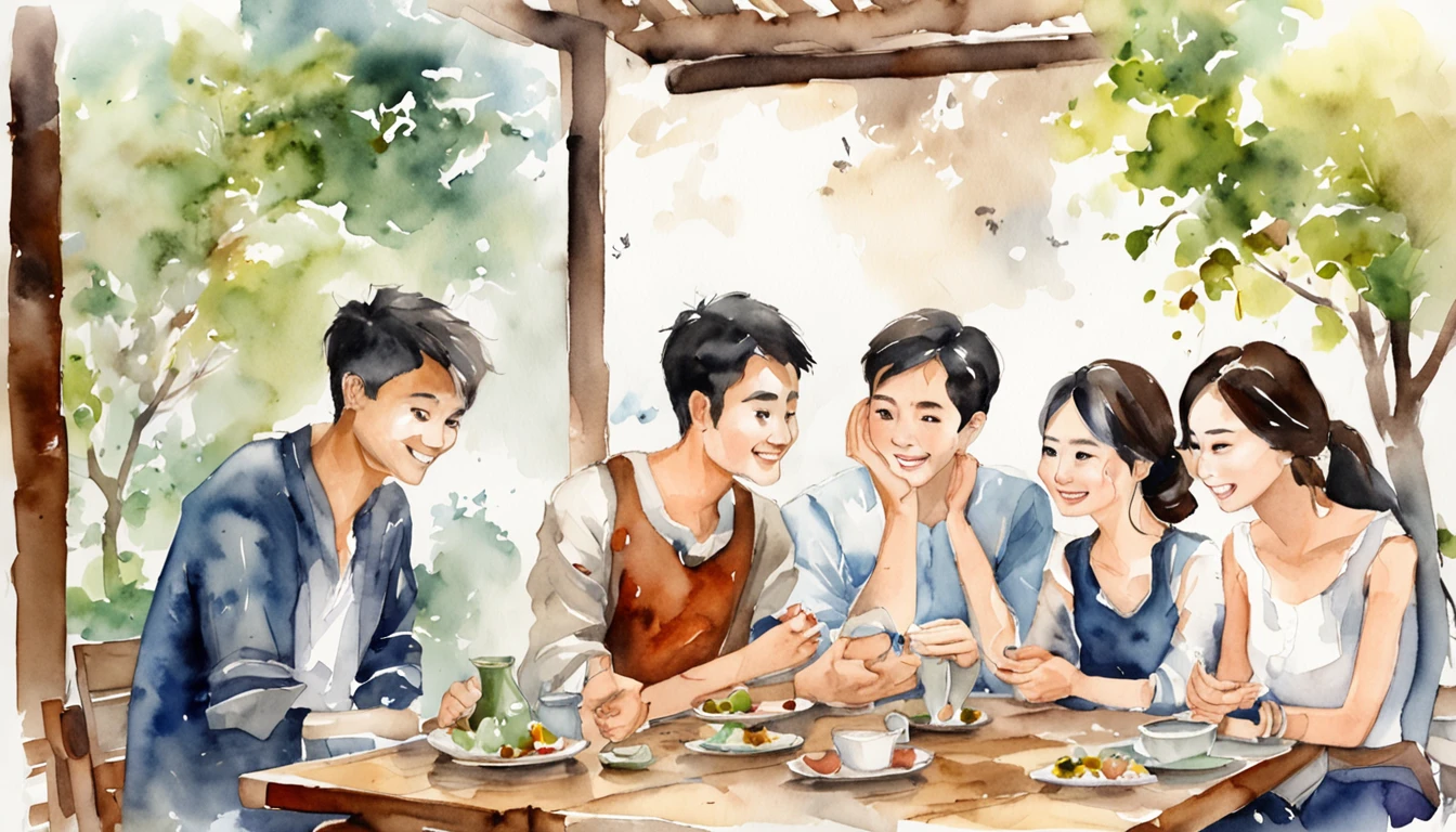 a group of asian young friends, 5 people, 3 men and 2 women, sitting around the table having a happy chat about their future.