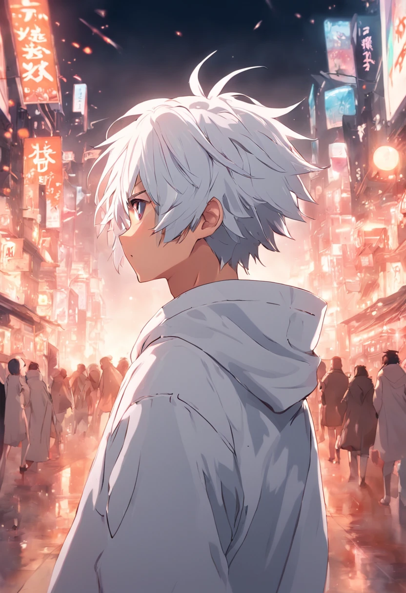 Gray-haired Japanese anime youth,Wearing VR glasses,, White hoodie, White shorts, No tattoos, No beard