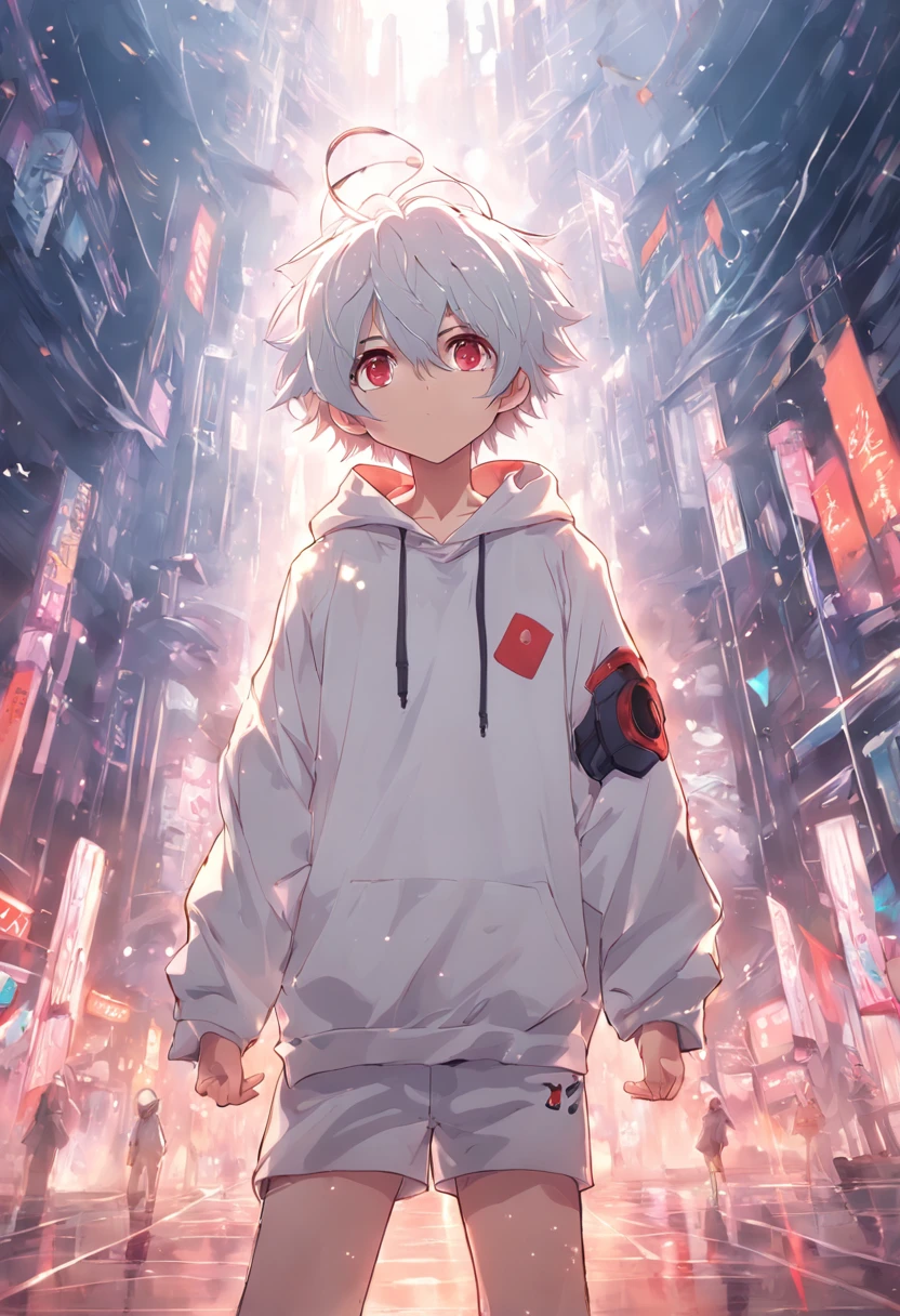 Gray-haired Japanese anime youth,Wearing VR glasses,, White hoodie, White shorts, No tattoos, No beard