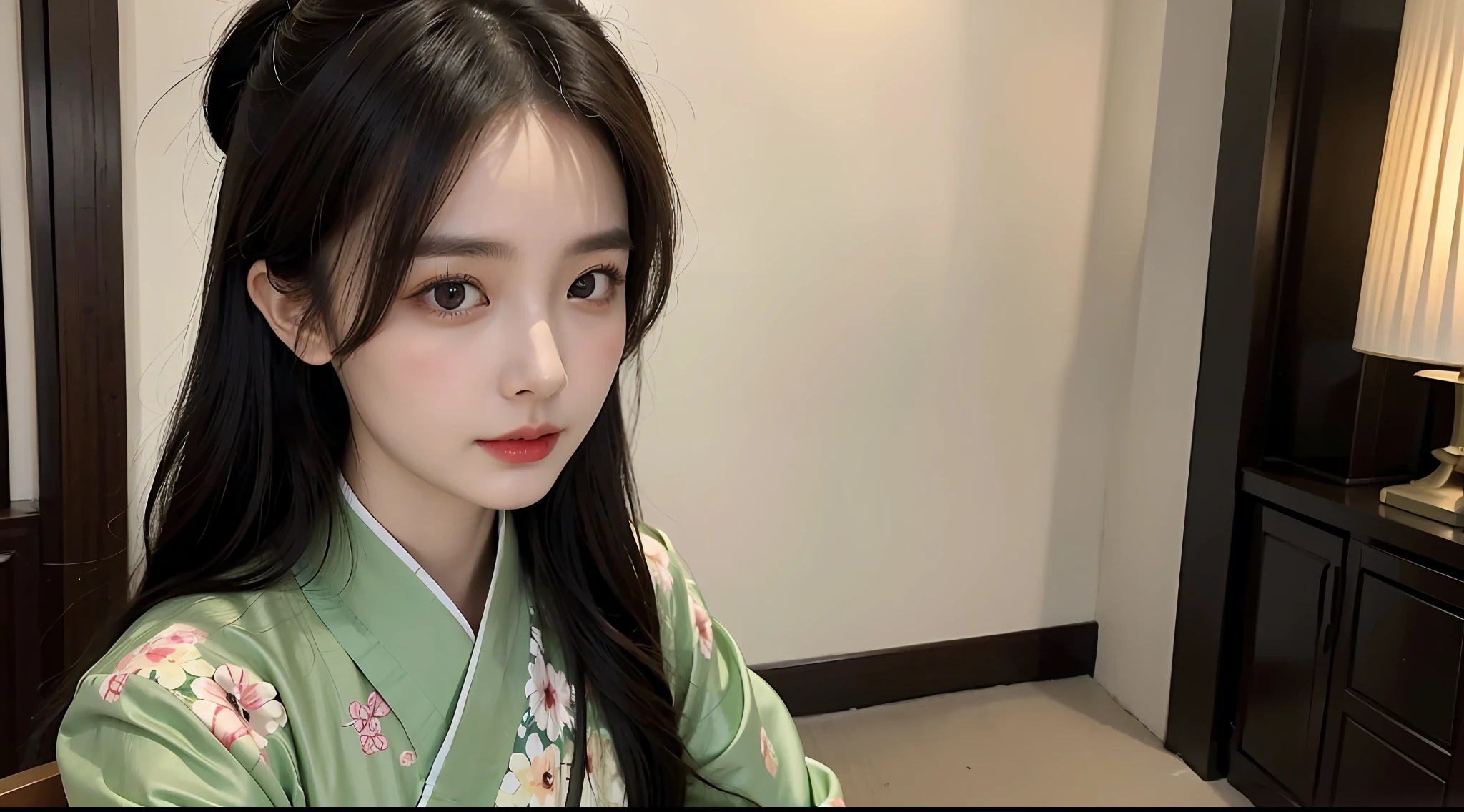 (A half body,Close-up,closeup cleavage),Arakfi Asian woman sitting in chair,Wearing a green and gold dress, (outside,hot onsen,florals,grassy,nevando) , A girl in Hanfu, Hanfu, Cheongsam, with acient chinese clothes, Traditional beauty, Traditional Chinese clothing, Wearing ancient Chinese clothes, Chinese style, Chinese dress, Chinese costume, Chinese traditional, Chinese girl, wearing ornate silk clothes,Redlip