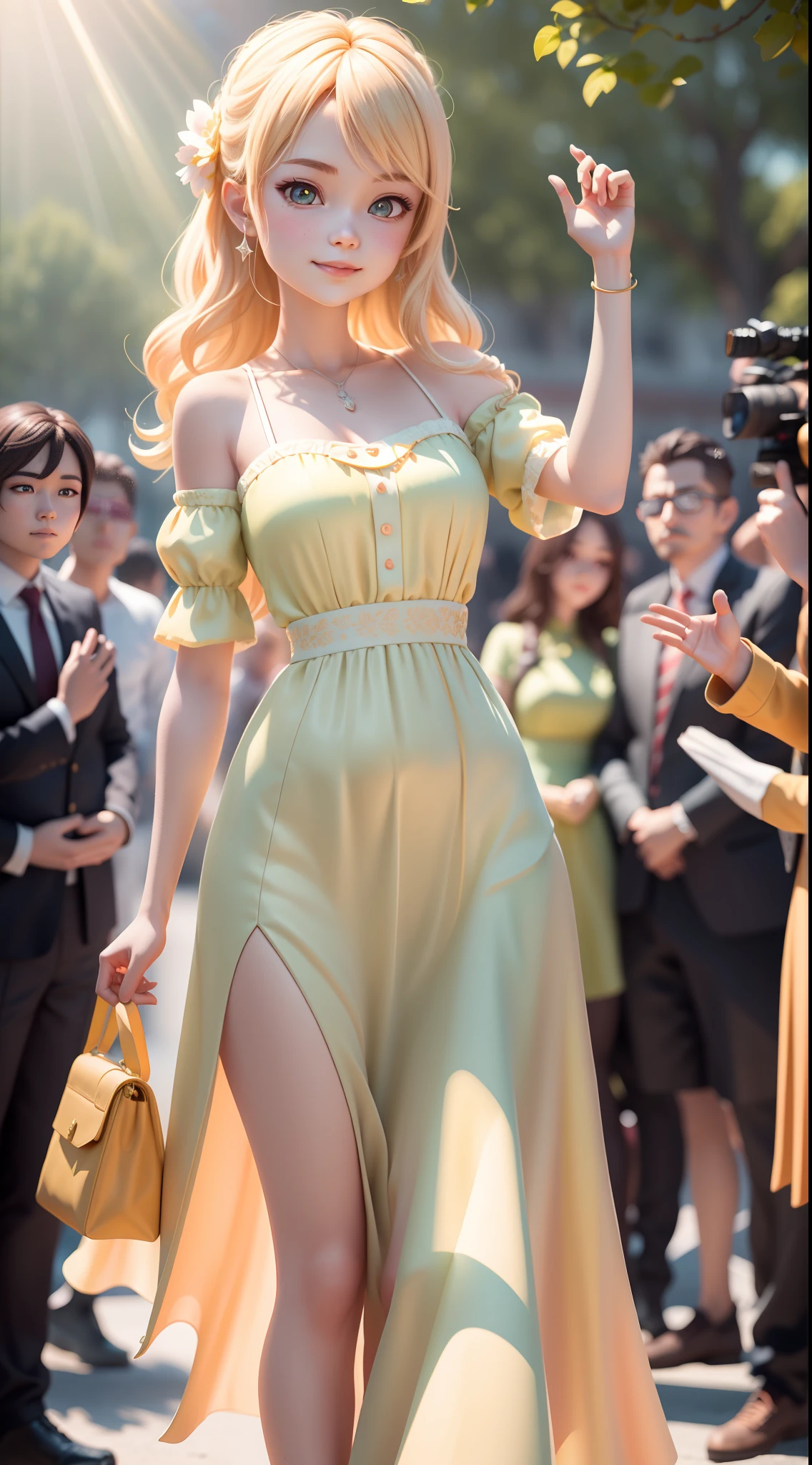 delicated face，The expression is beautiful and cute，.。.。.。.3D Pixar animation style，tmasterpiece， best qualityer, ultra - detailed, Lori blonde girl, Long dress with a big smile, full bodyesbian,  moderno, Modern accessories, ，The actors on the podium are being interviewed，Outdoor scene，Lateral face，Podium，ssee-through，A crowd of spectators sits in red seats，Face away from the camera，Applaud、 Beautiful lighting and ambient light on the podium，Pastel tonal background , Extremely colorful， 。.。.。.。.。.3D Q style，tchibi，A cinematic scene，Super details romantic soft focus and ethereal light，The sun shines on it，A cinematic scene，Full body 2D artwork，blur backgroun，romantic soft focus and ethereal light，The sun shines on it，A cinematic scene，super detailing，pix： 2 style，Pope Martin，movie light effect，brightly，OC renderer，C4D，。.。.。.。.。.3D，blender，8K，4K，Warm colors --NIJI 5 -- --q 2，