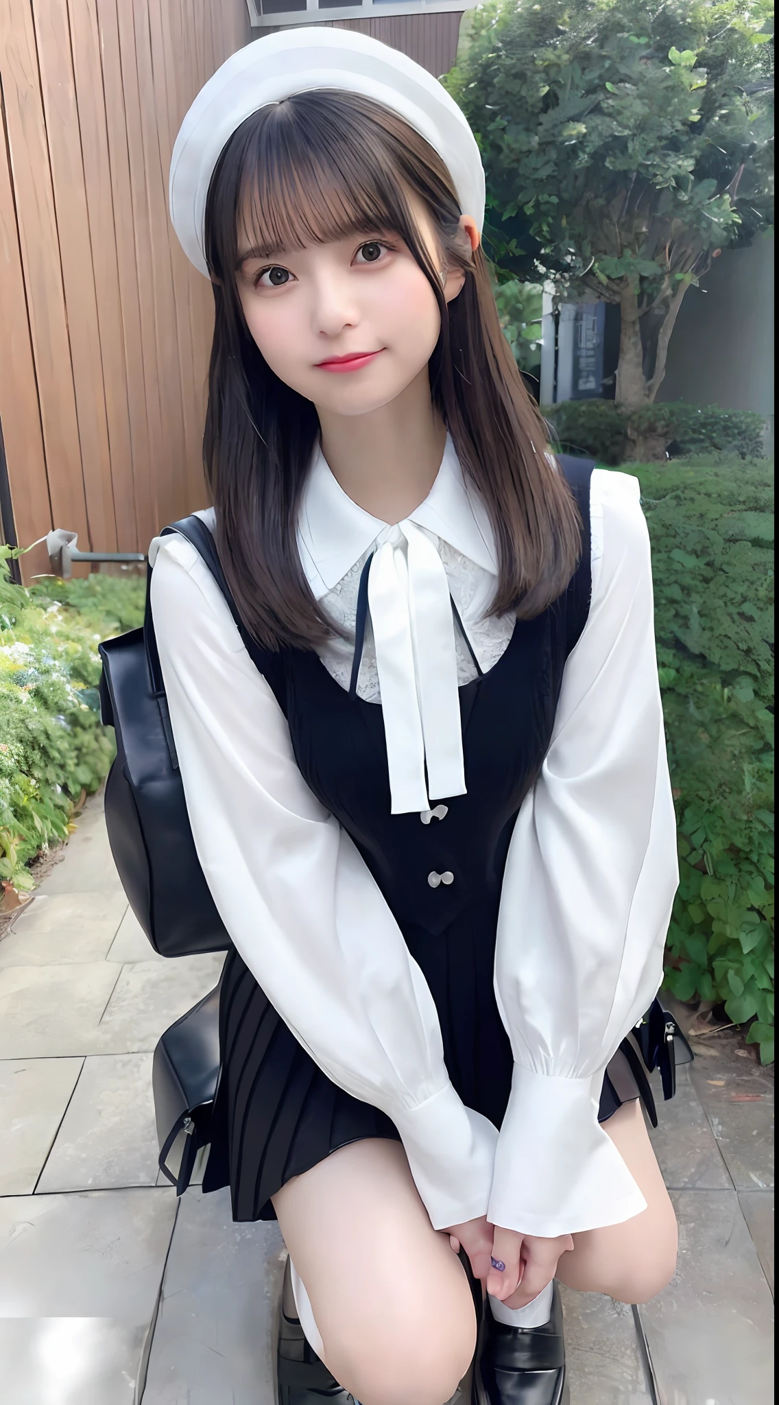 mix4, (8K, Raw photography, Top image quality, masterpiece: 1.45), (realisitic, Photorealsitic: 1.37), one girls, cute little, A city scape,, profetional lighting, photon maping, Radio City, physically-based renderingt, Gradient black hair,, a handsome, girl with, (((student clothes、Silk white blouse with short sleeves、Dark blue knitted vest、White Silk Mini Skirt、No red tie pattern、Black High Socks、Black Loafers Leather Shoes))), Top Quality Photos, hight resolution, 1080p, (clearface), (Detailed face description), (Detailed hand description), (masterpiece), (Exquisite CG)、extreme light and shadows、dishevled hair、master work、abundant detail、(Fine facial features)、(top quality photo)、(masuter piece)、(A detailed eye)、Look in front of you、Fine clavicle、((Slender big))、((White beret)))、((Cute idol system))、((School Grounds))、(Shooting from random perspectives)、(((Anyway cute)))、耳Nipple Ring、A big smile、Drawing the whole body from the knees、Do not draw nasolabial folds、(((Holding a leather student bag in your hand)))、Big breasts that stand out from the top of clothes、Two legs、(((Standing Pose:1.2)))、bare hand、Hands out of the sleeves of blouses、