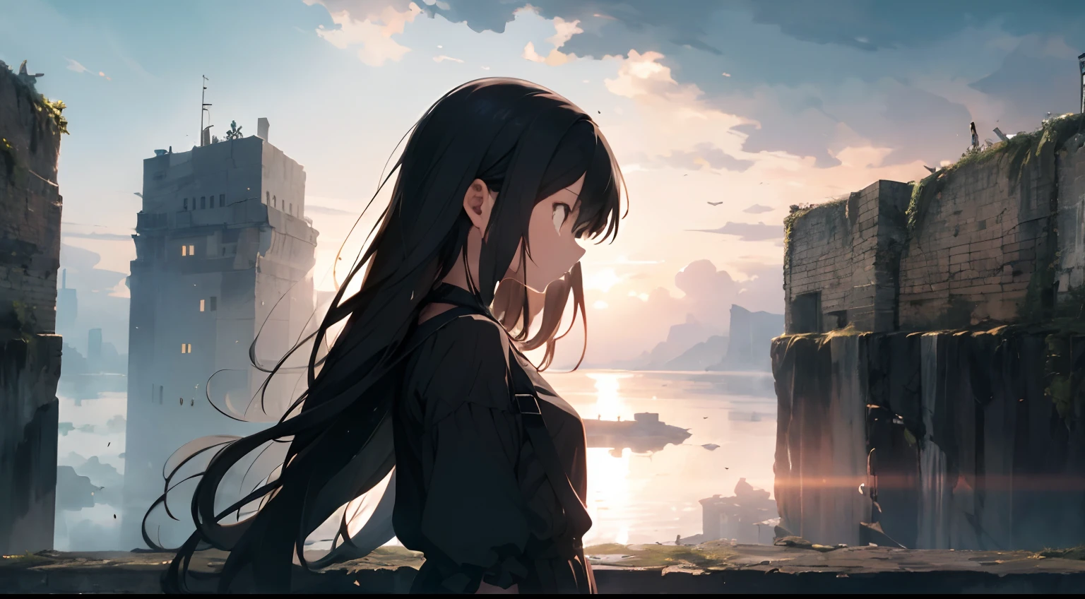 High quality, 1girl in, saddened, Look down, Bottom of the earth, standing, abyss, A city surrounded by high walls, Dark Cloud, Black Dress, Long hair, profile, dystopian, darkness