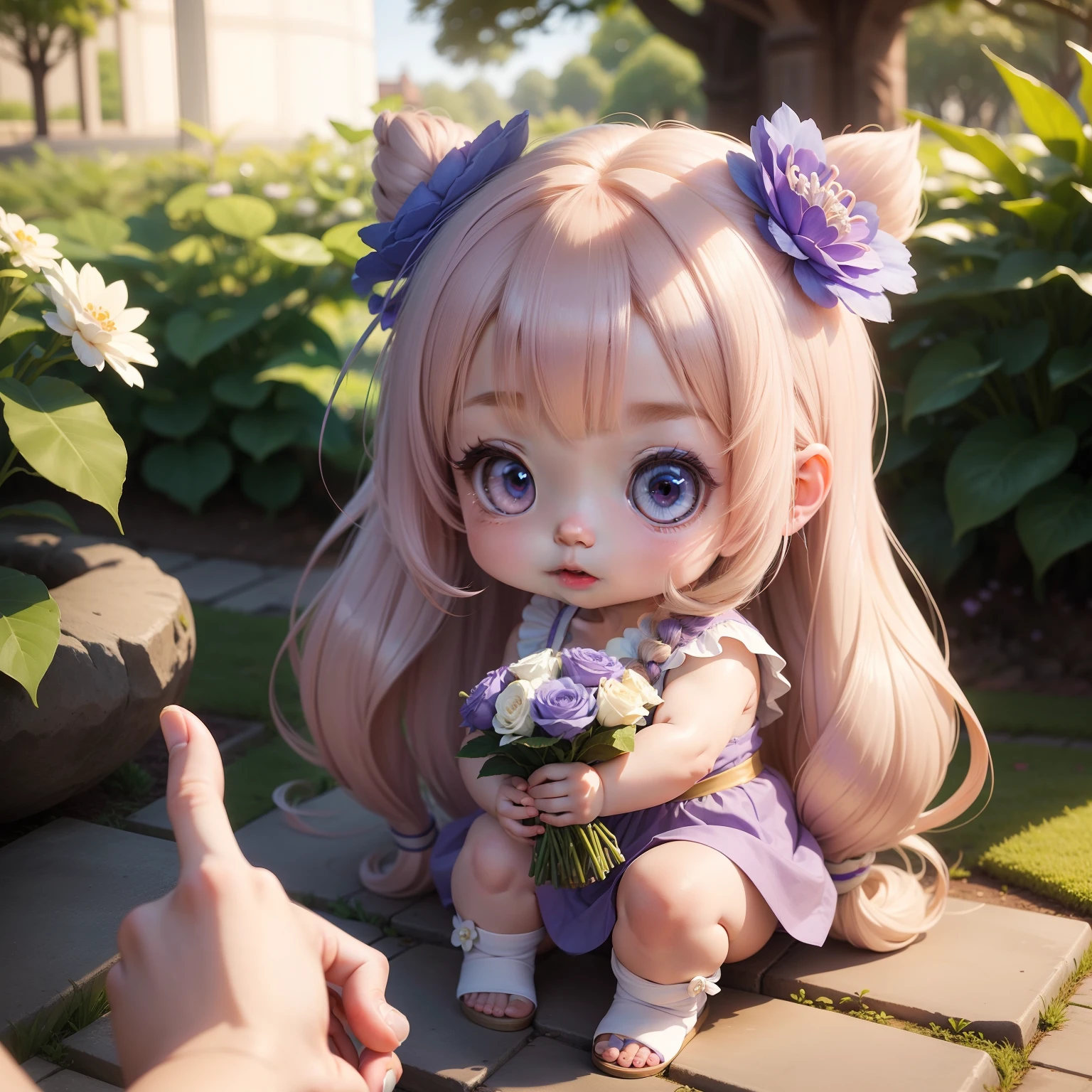Cute Baby Chibi Anime,Pearl beige long hair,Wearing a blue and purple Sall,Royal Botanic Gardens,Dye your cheeks and bite,holding one flower bouquet with both hands,Bare legged.