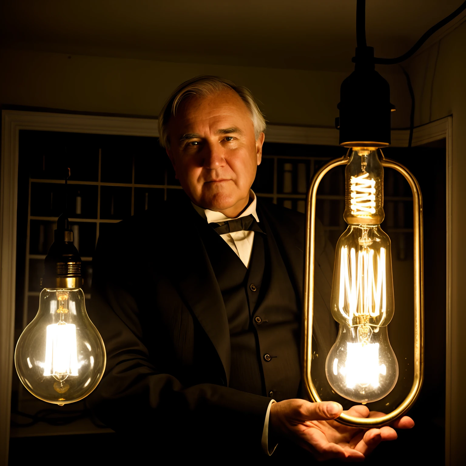 RAW photo, thomas edison holding a glowing light bulb up, looking at the light bulb, at his basement lab. old