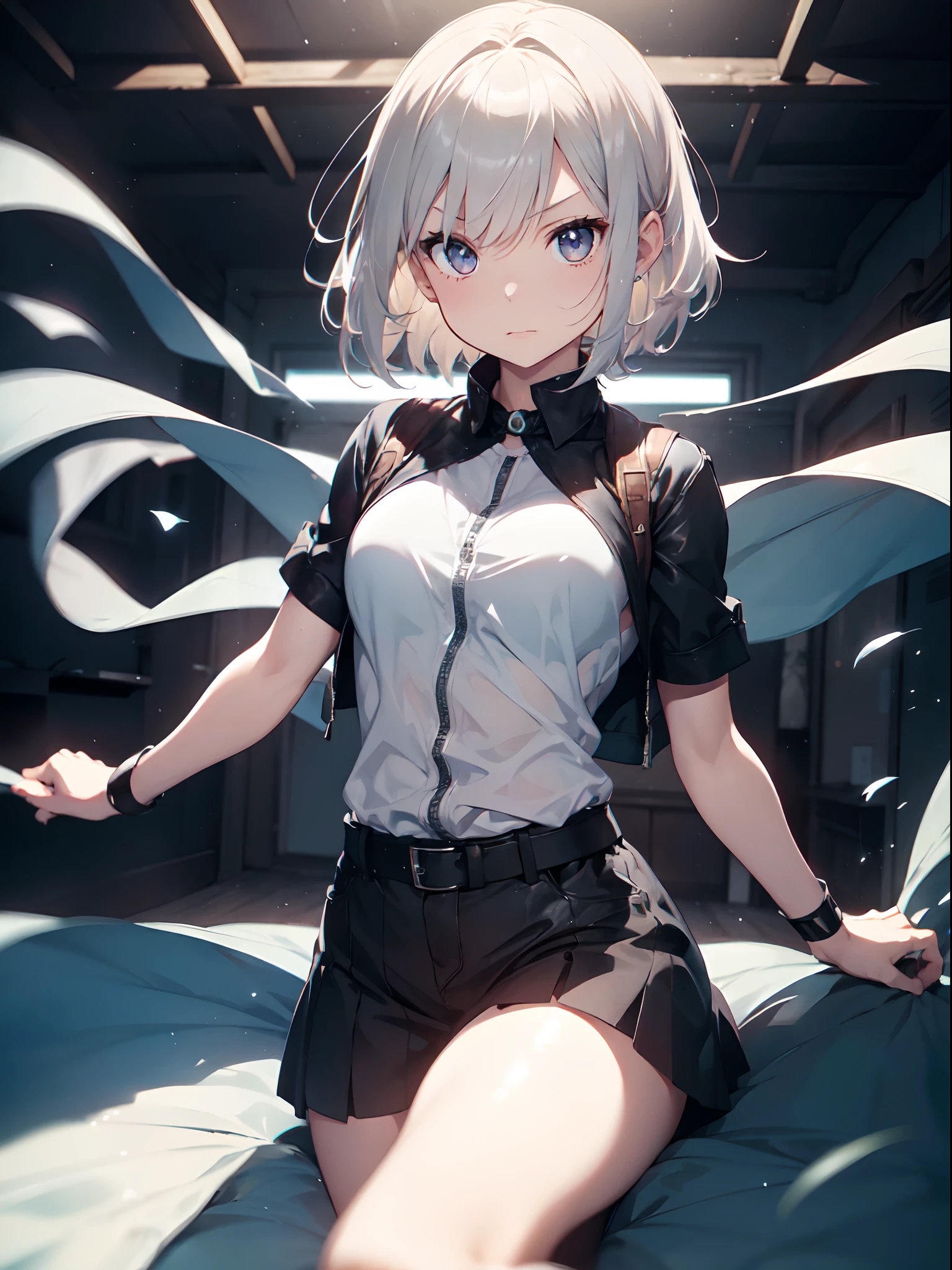 ((nikkeadmi)),nsfw,((solo girl)),((Perfect body,))((Super beautiful,))((High quality,)), (sweaty,wet fullbody,)Steam,blush,Shiny,love hotel room,thigh-high socks,cowboy shot,(pov, Looking at Viewer,),small breast,half open eyes,collar,((Pleated skirts that are too short and expose underwear,Lift up the hem of her skirt to show off her crotch)),((white jacket,vest,very short pleated skirts,Pleated skirts that are too short and expose underwear,)),spread legs,white sexual underwear,((Turning your back to me, sticking out your butt,))She turns around with her back to me, sticking out her butt,from back view,Directly behind,