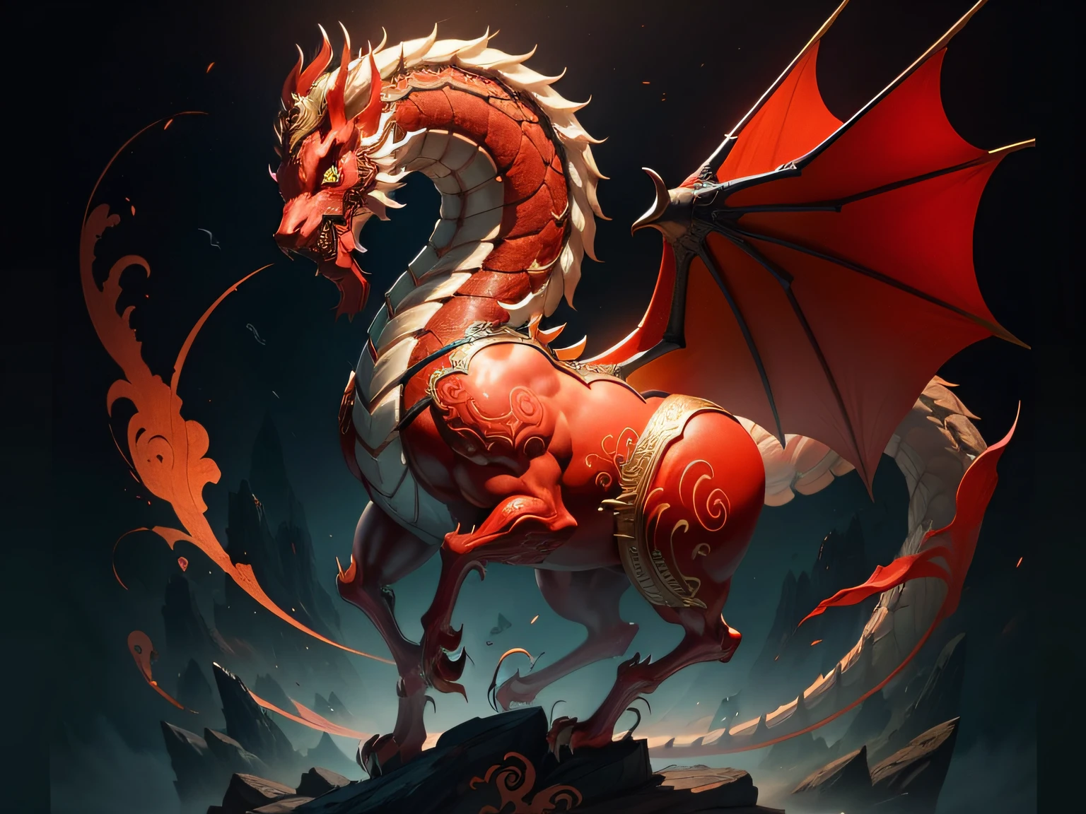 Chinese mythological story background，Inspired by the mythical creature Pixiu，The head of a Chinese dragon，Stout limbs，The tail of the Chinese dragon，Closed wings