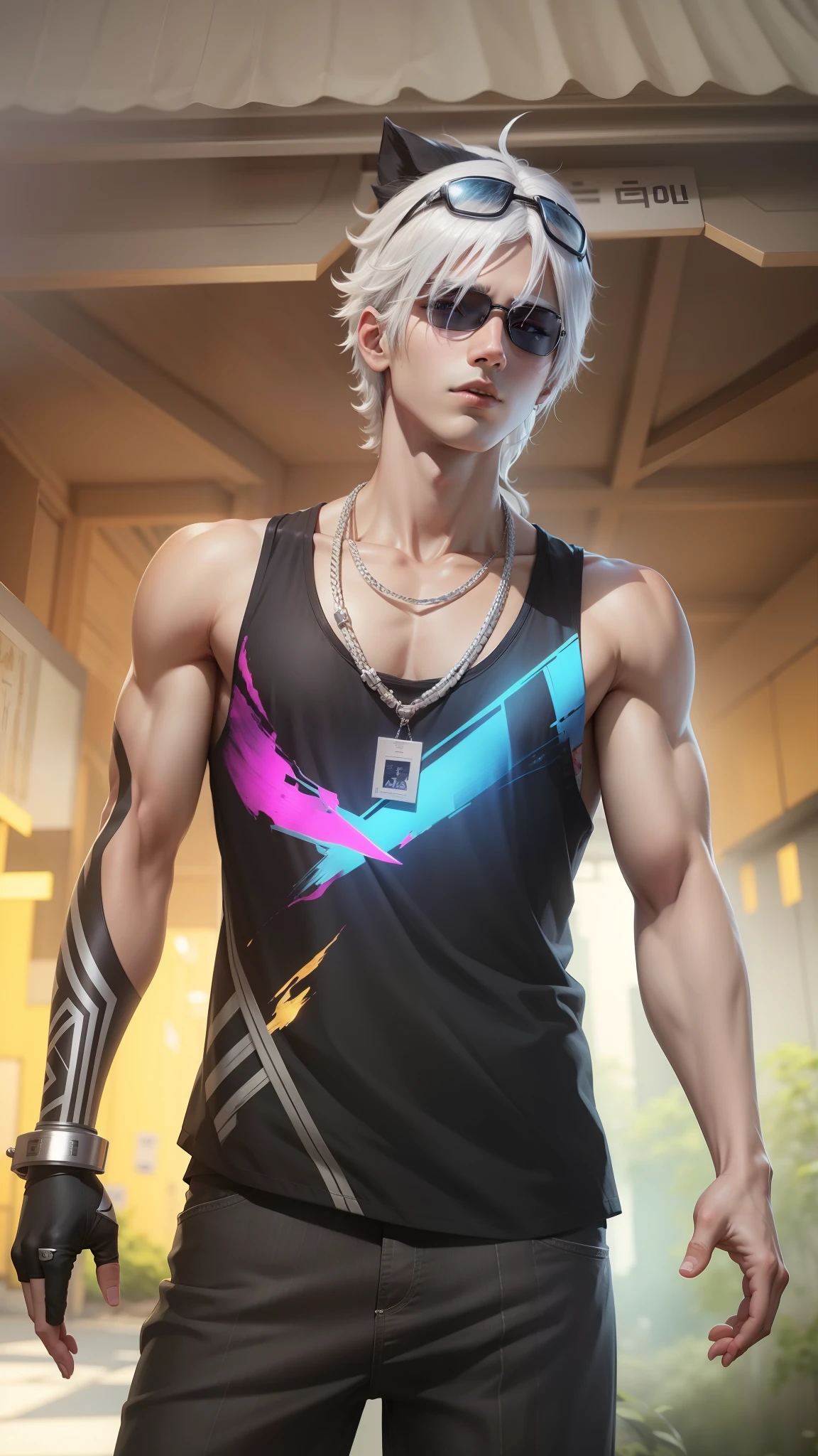 intricate detail, 18 year old, young handsome asian male wearing black tanktop, kpop,ikemen, blue eyes, handsome, earrings, gold necklace, luxuary golden omega watch, blond hair, big muscle, physique, fitness model, wealthy, in front of glitterinng blue supercar,