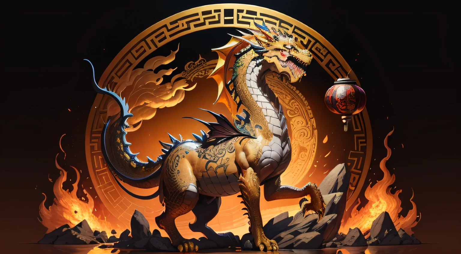 There is a golden dragon,There is a fish on the back, chinese dragon engrave, Chinese Dragon, smooth chinese dragon, Golden dragon, fire lion, a majestic gothic indian dragon, chinese dragon concept art, colored illustration for tattoo, ancient chinese ornate, mythological creatures, digital painting of quetzalcoatl, majestic japanese dragon, Dragon, asian dragon as latte art