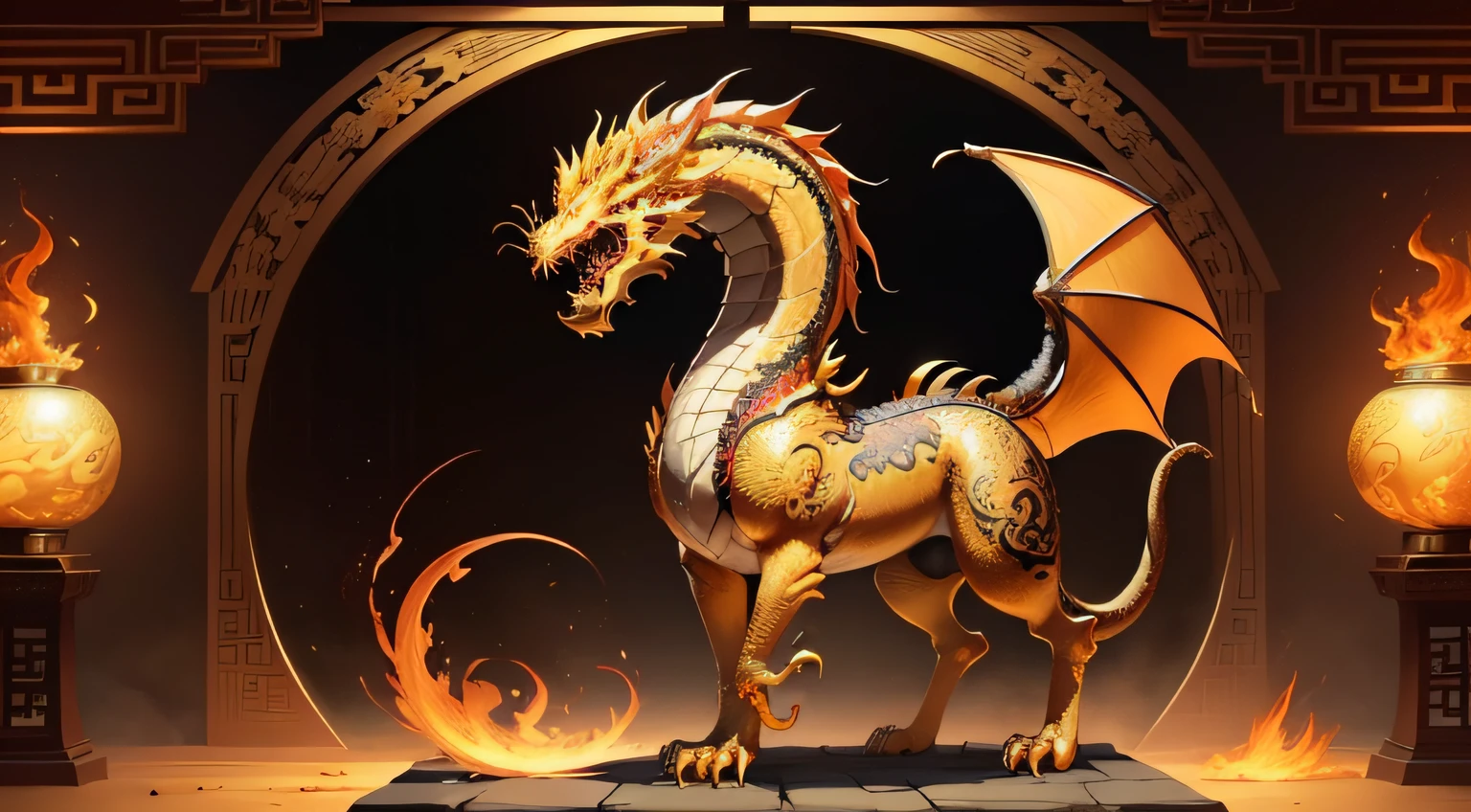 There is a golden dragon,There is a fish on the back, chinese dragon engrave, Chinese Dragon, smooth chinese dragon, Golden dragon, fire lion, a majestic gothic indian dragon, chinese dragon concept art, colored illustration for tattoo, ancient chinese ornate, mythological creatures, digital painting of quetzalcoatl, majestic japanese dragon, Dragon, asian dragon as latte art