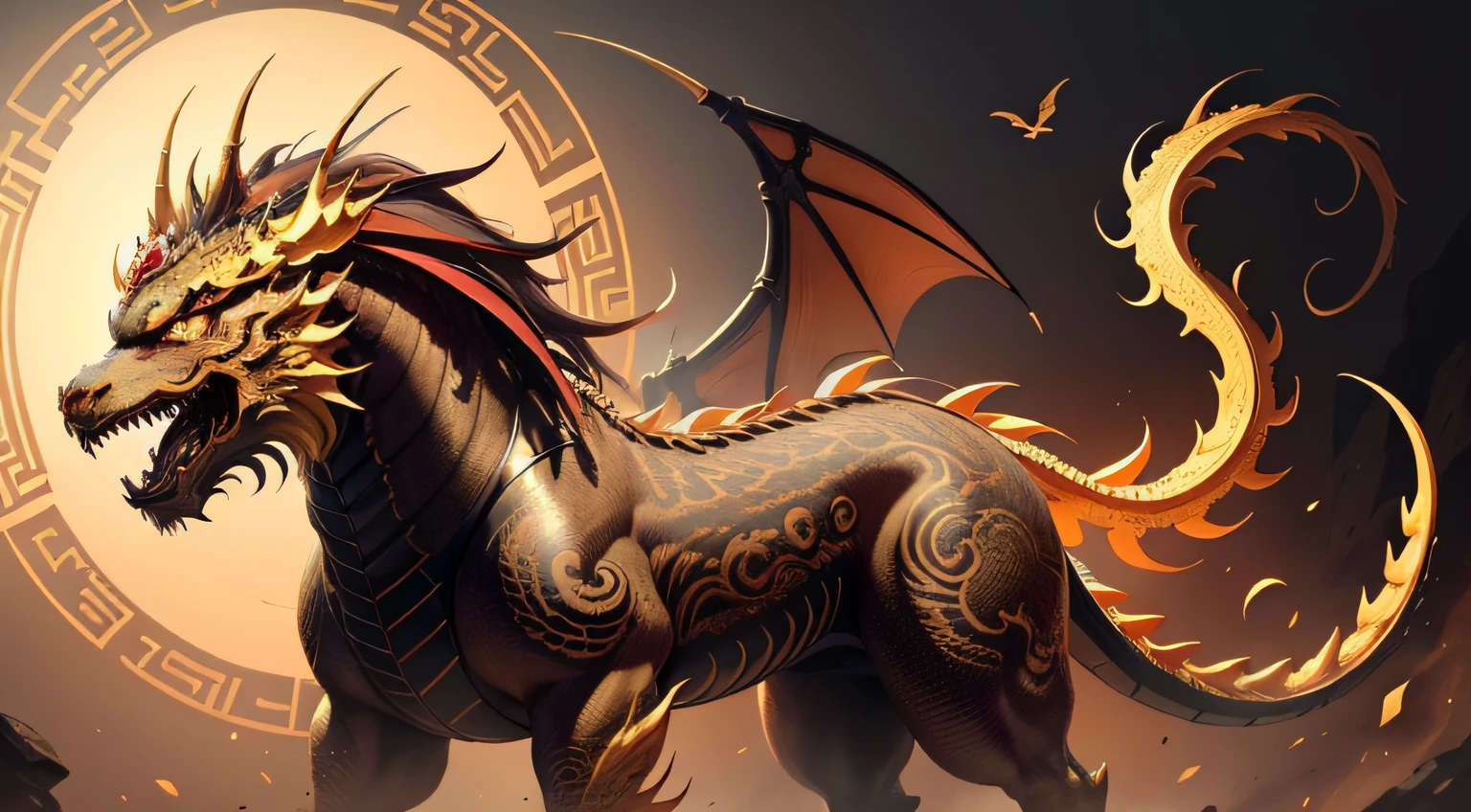 There is a golden dragon,There is a fish on the back, chinese dragon engrave, Chinese Dragon, smooth chinese dragon, Golden dragon, fire lion, a majestic gothic indian dragon, chinese dragon concept art, colored illustration for tattoo, ancient chinese ornate, mythological creatures, digital painting of quetzalcoatl, majestic japanese dragon, Dragon, asian dragon as latte art