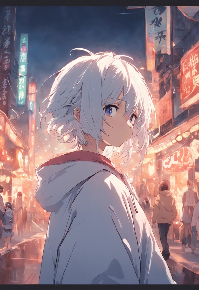 Gray-haired Japanese anime youth, VR glasses,, White hoodie, White shorts, No tattoos, No beard
Blue eyes