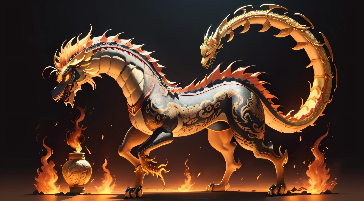 There is a golden dragon,There is a fish on the back, chinese dragon engrave, Chinese Dragon, smooth chinese dragon, Golden dragon, fire lion, a majestic gothic indian dragon, chinese dragon concept art, colored illustration for tattoo, ancient chinese ornate, mythological creatures, digital painting of quetzalcoatl, majestic japanese dragon, Dragon, asian dragon as latte art