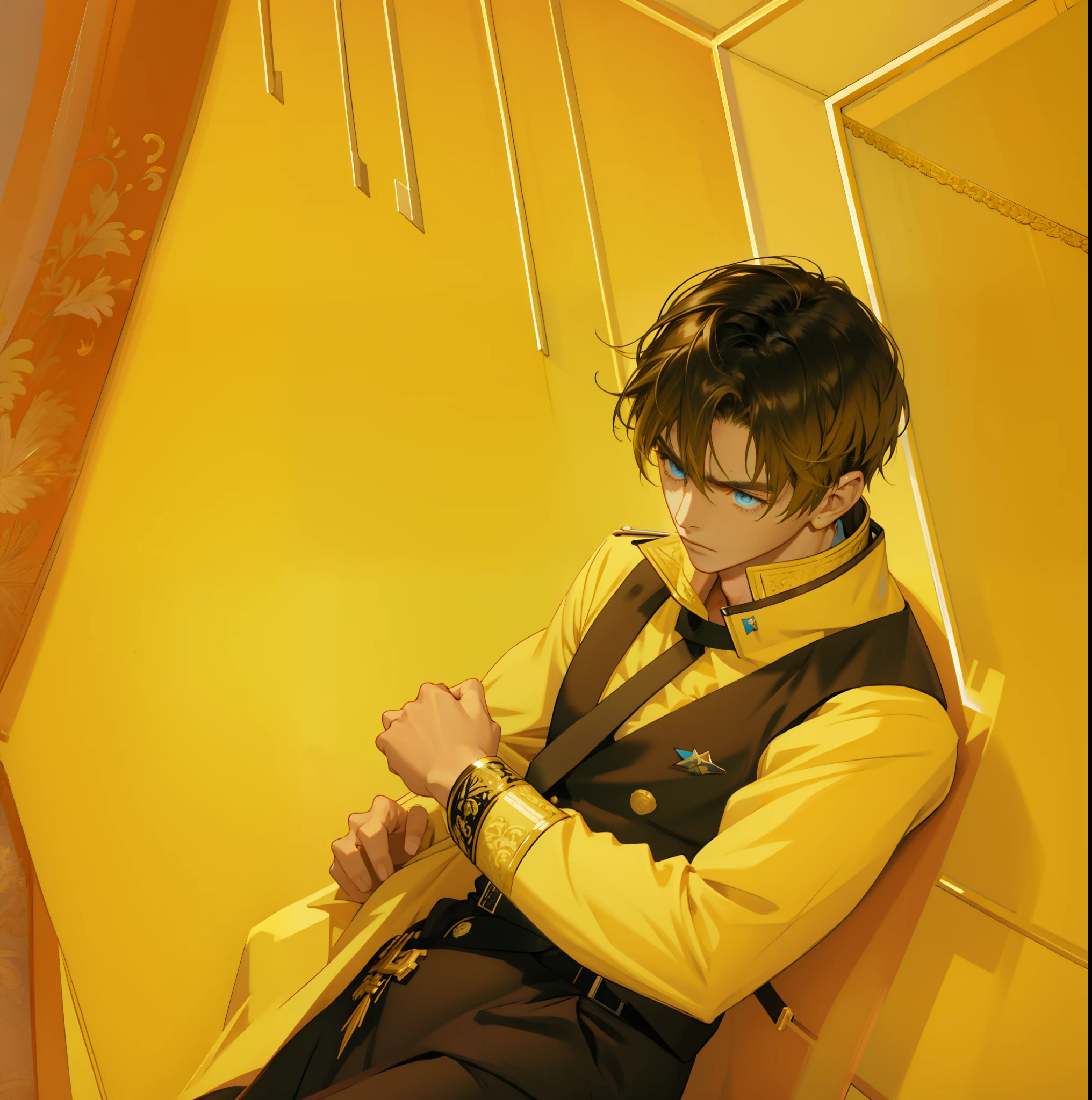 A handsome young man in a yellow suit on the side，sitting at the dining table，The look on his face was very unhappy,in the style of the stars art group xing xing, 32K, Best quality, Masterpiece, Super detail, High details