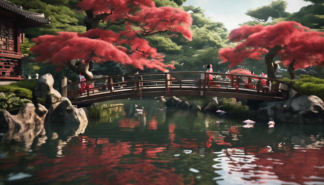 (masutepiece:1.3), ccurate, (Super Detail, high details, top-quality), Best Quality,( hight resolution, 8K),Japanese garden, Large pond, Red and white carp swimming, Bridge, Traditional gardens, Scenery of Kyoto, Summer heat, Fresh green, Woman in kimono feeding carp from bridge, Feeding the pond, Garden view reflected in the water